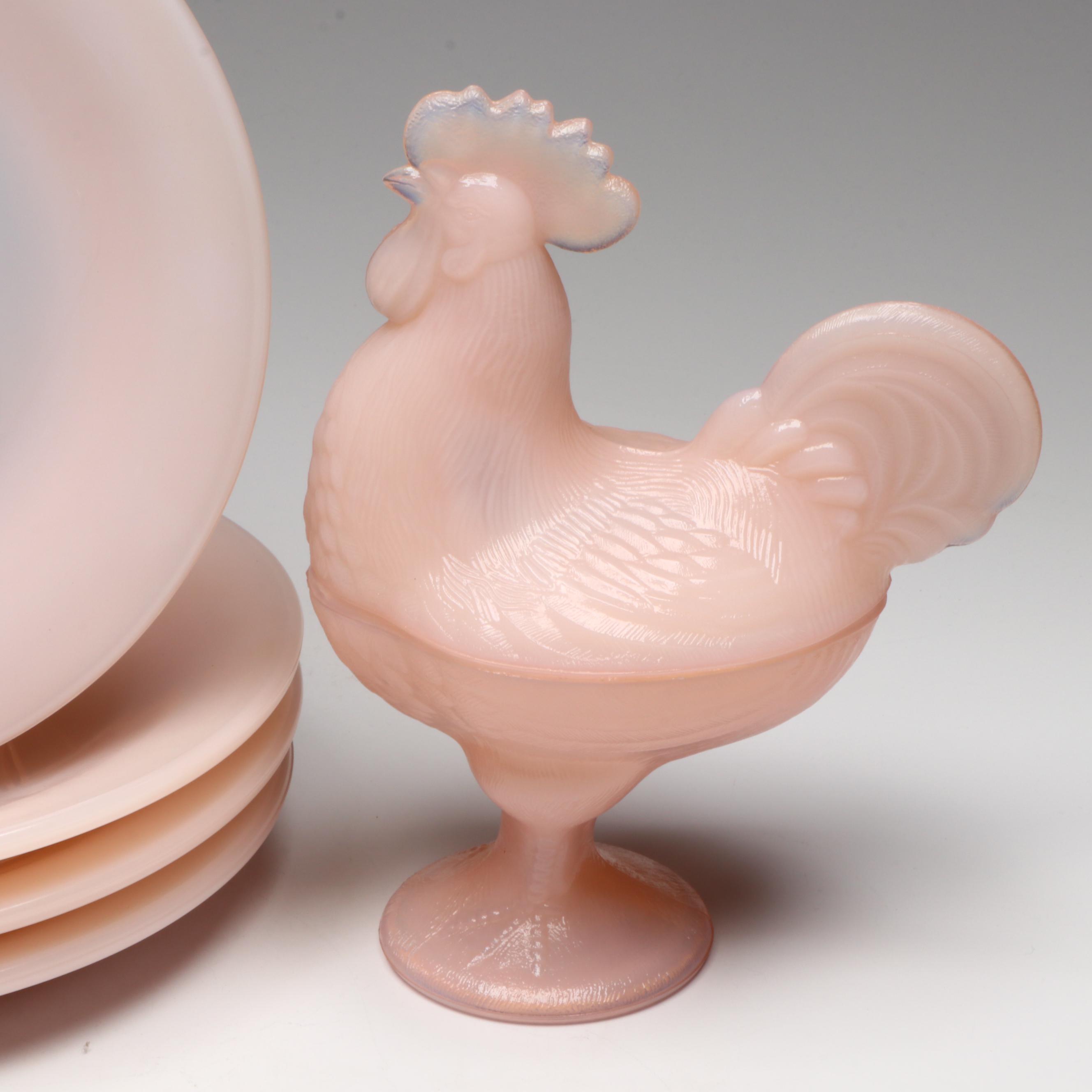 Martha by Mail Pink Milk Glass Dinnerware with Rooster Compote and Hobnail Glass