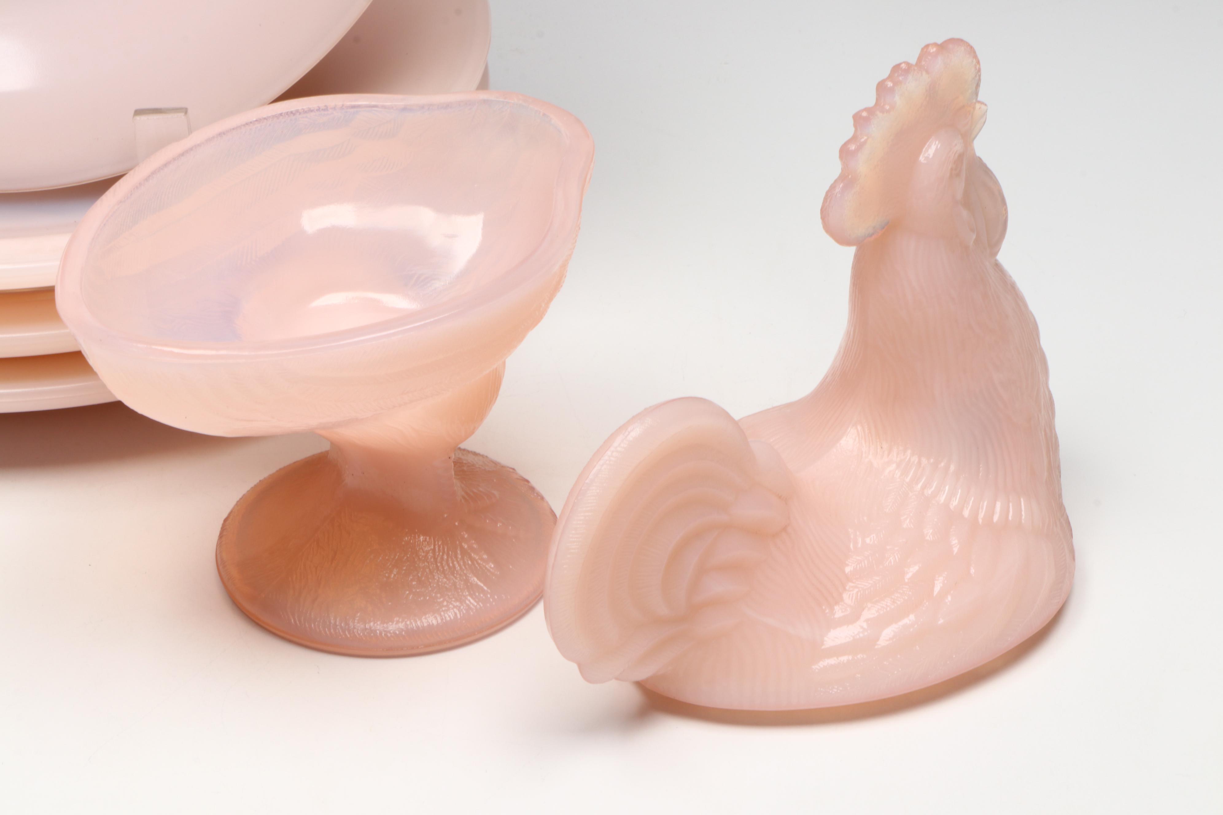 Martha by Mail Pink Milk Glass Dinnerware with Rooster Compote and Hobnail Glass