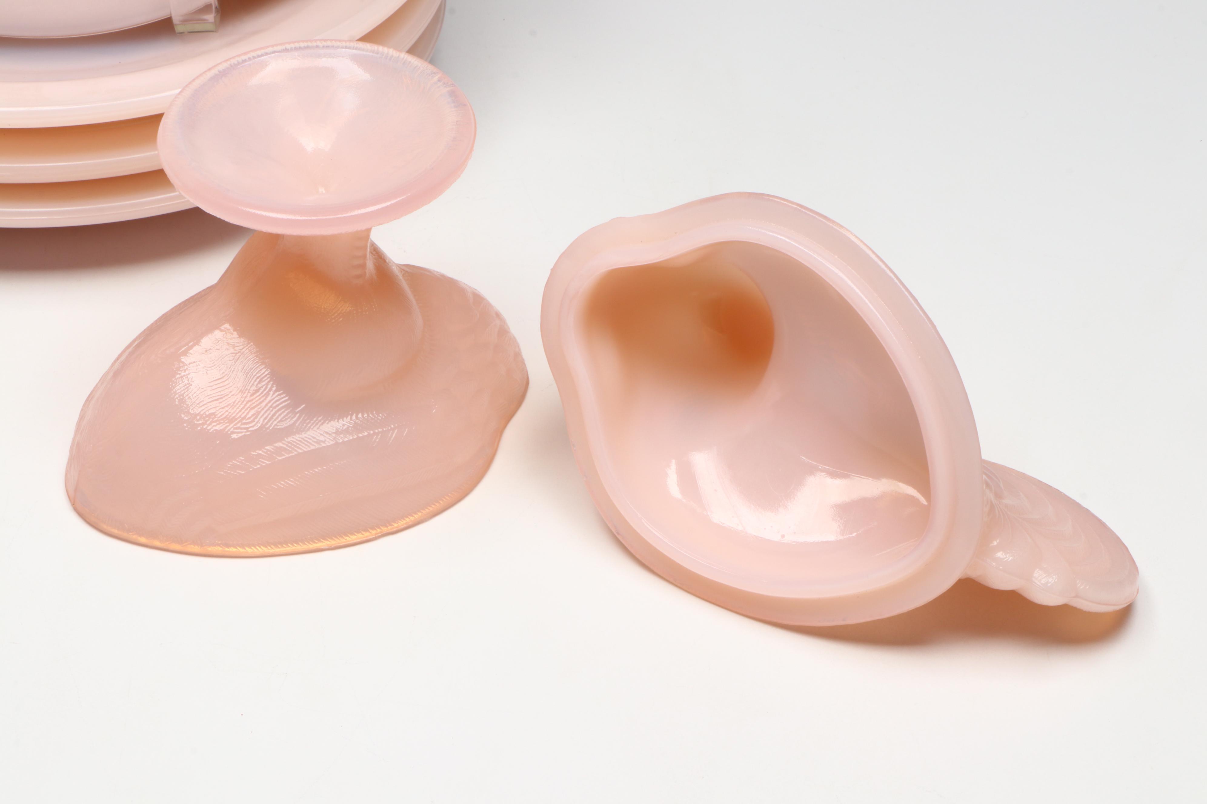 Martha by Mail Pink Milk Glass Dinnerware with Rooster Compote and Hobnail Glass