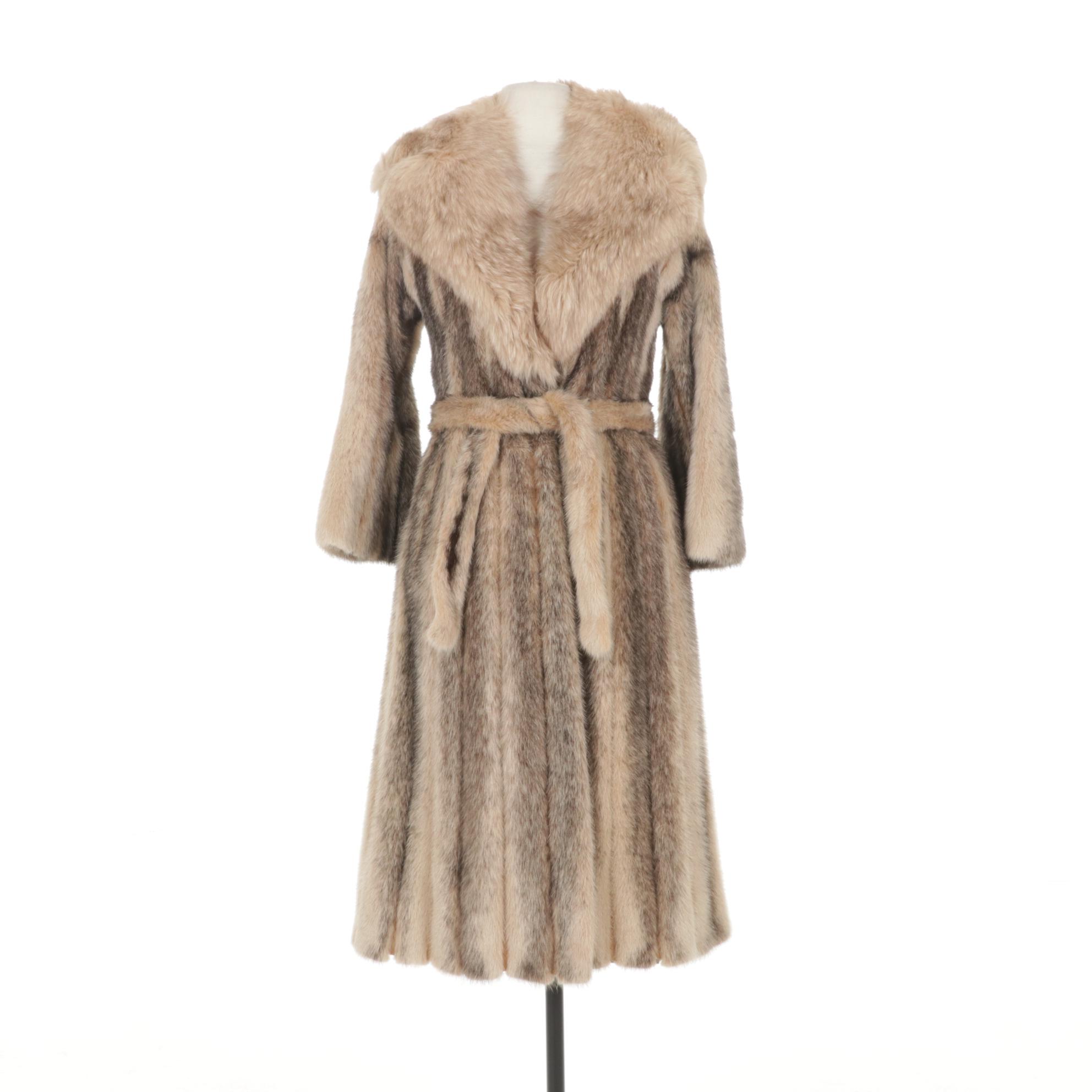 Cross Mink Fur Belted Long Coat with Fox Fur Shawl Collar by Montaldo's