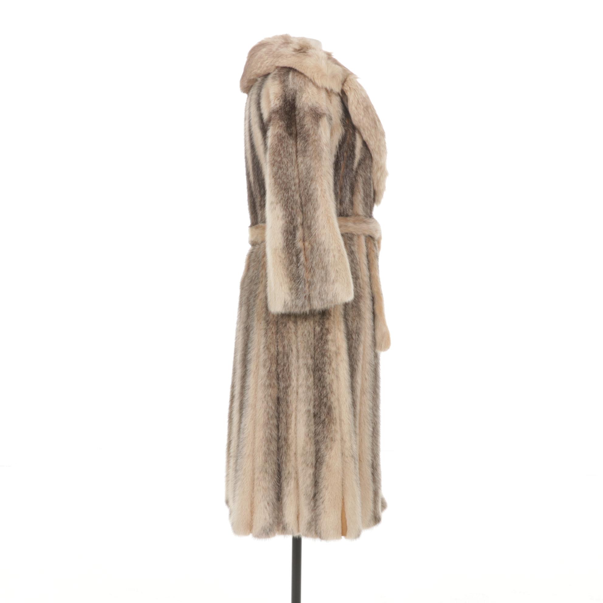 Cross Mink Fur Belted Long Coat with Fox Fur Shawl Collar by Montaldo's
