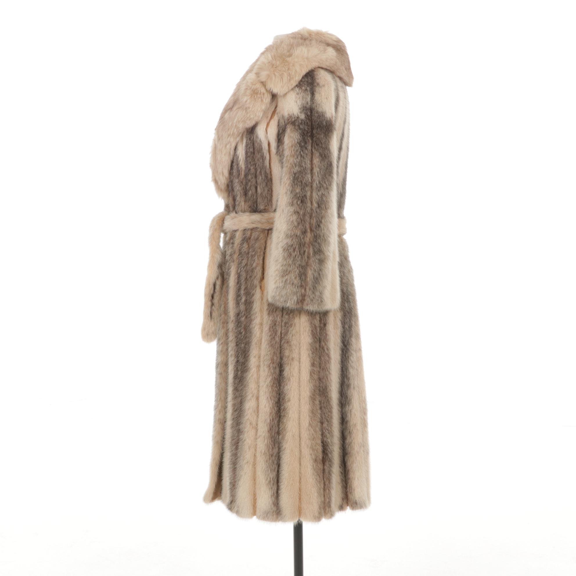 Cross Mink Fur Belted Long Coat with Fox Fur Shawl Collar by Montaldo's