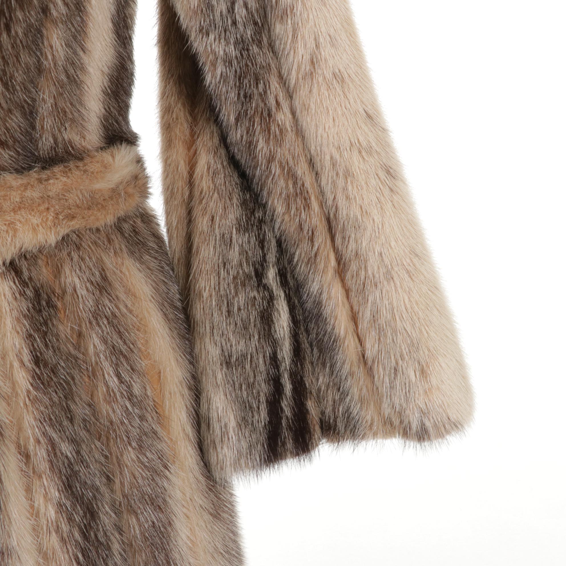 Cross Mink Fur Belted Long Coat with Fox Fur Shawl Collar by Montaldo's
