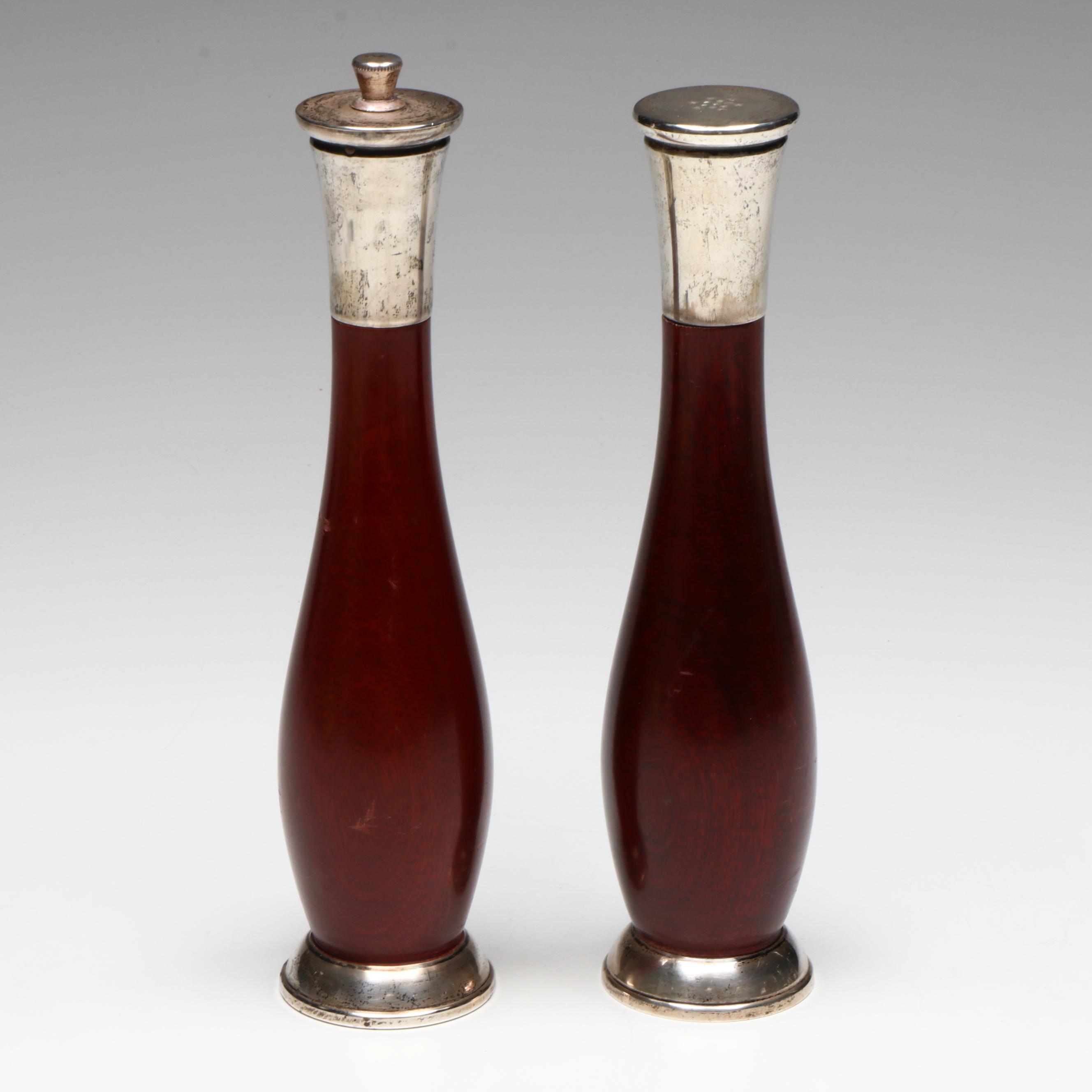 Italian Modern Style Sterling Silver and Wood Pepper Mill and Salt Shaker