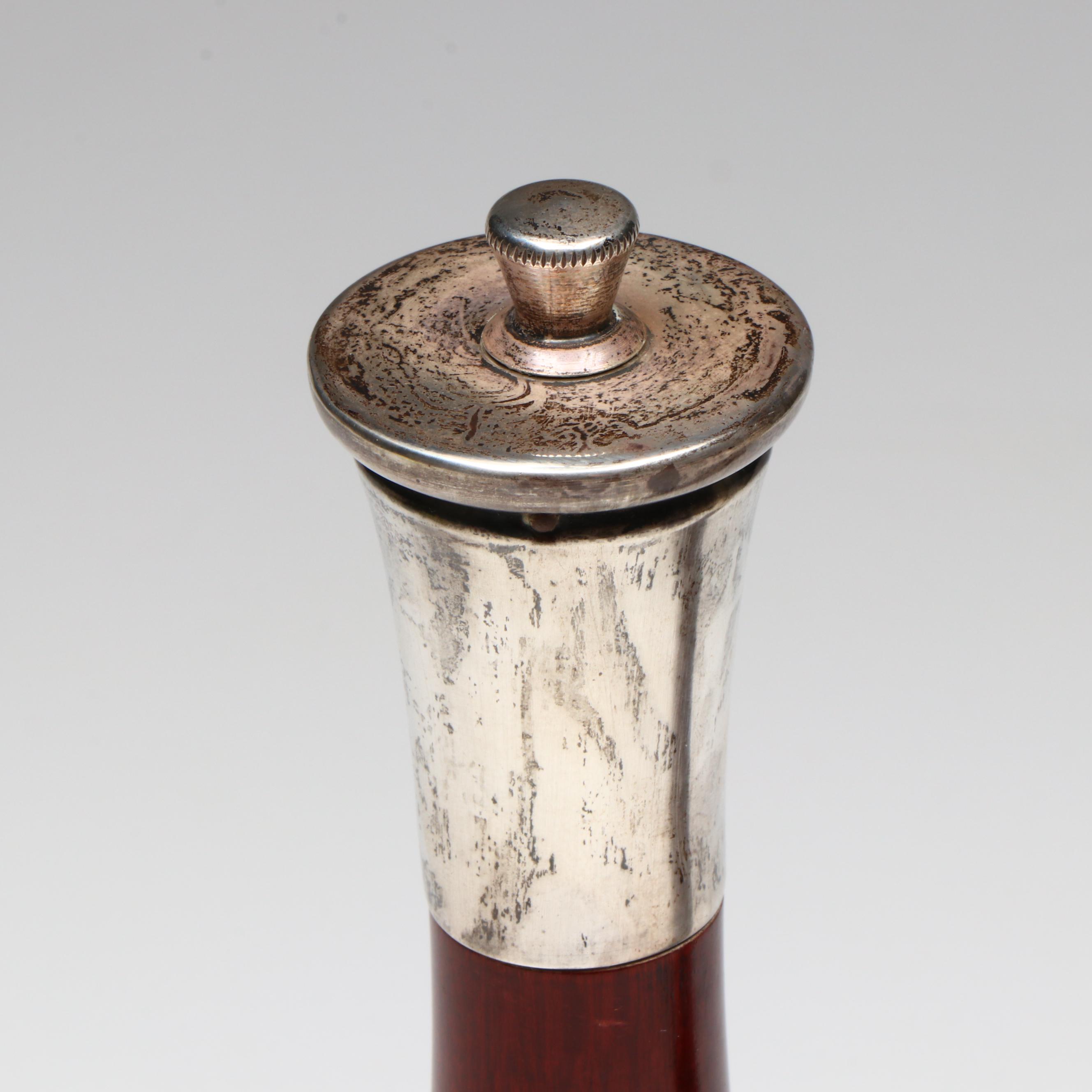 Italian Modern Style Sterling Silver and Wood Pepper Mill and Salt Shaker