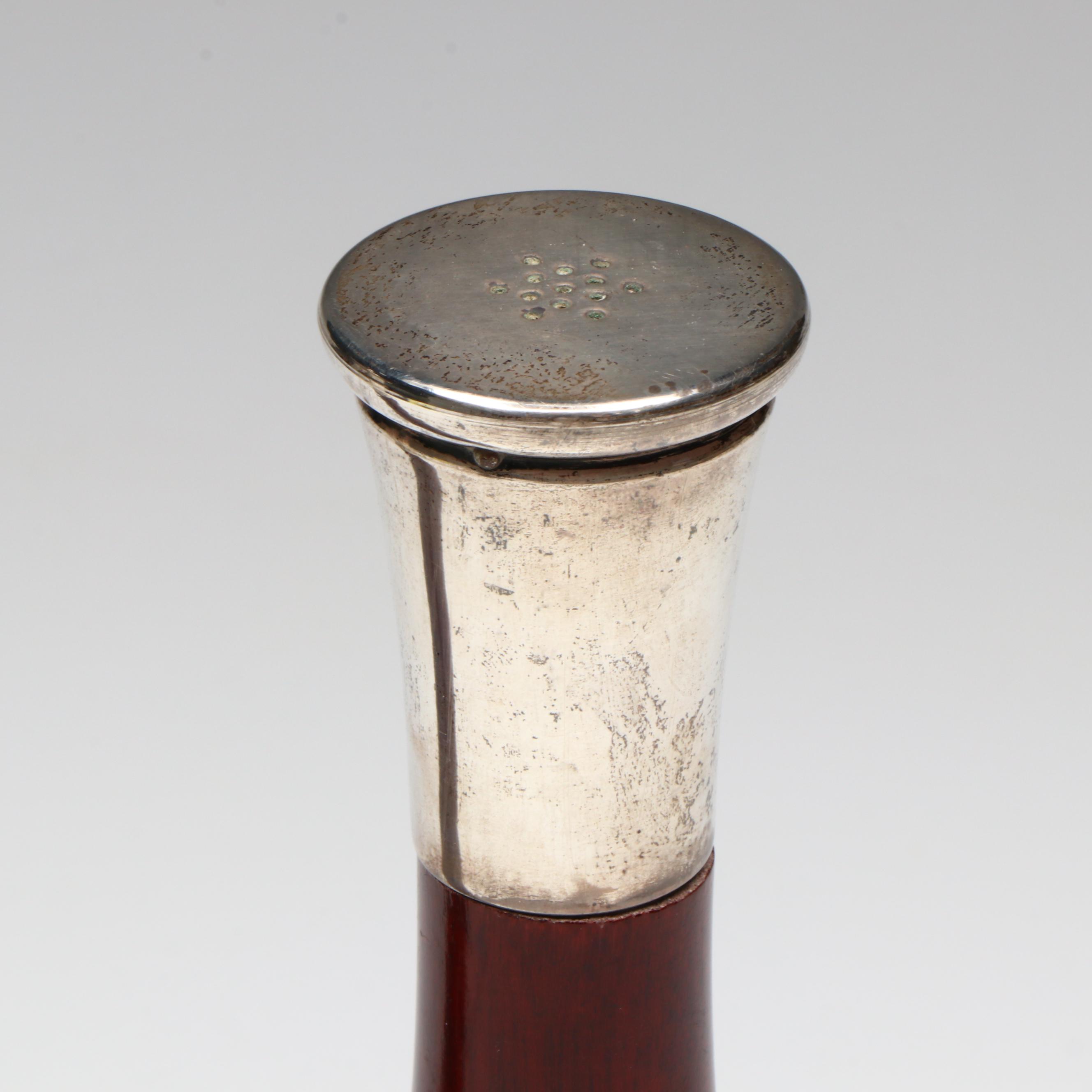 Italian Modern Style Sterling Silver and Wood Pepper Mill and Salt Shaker