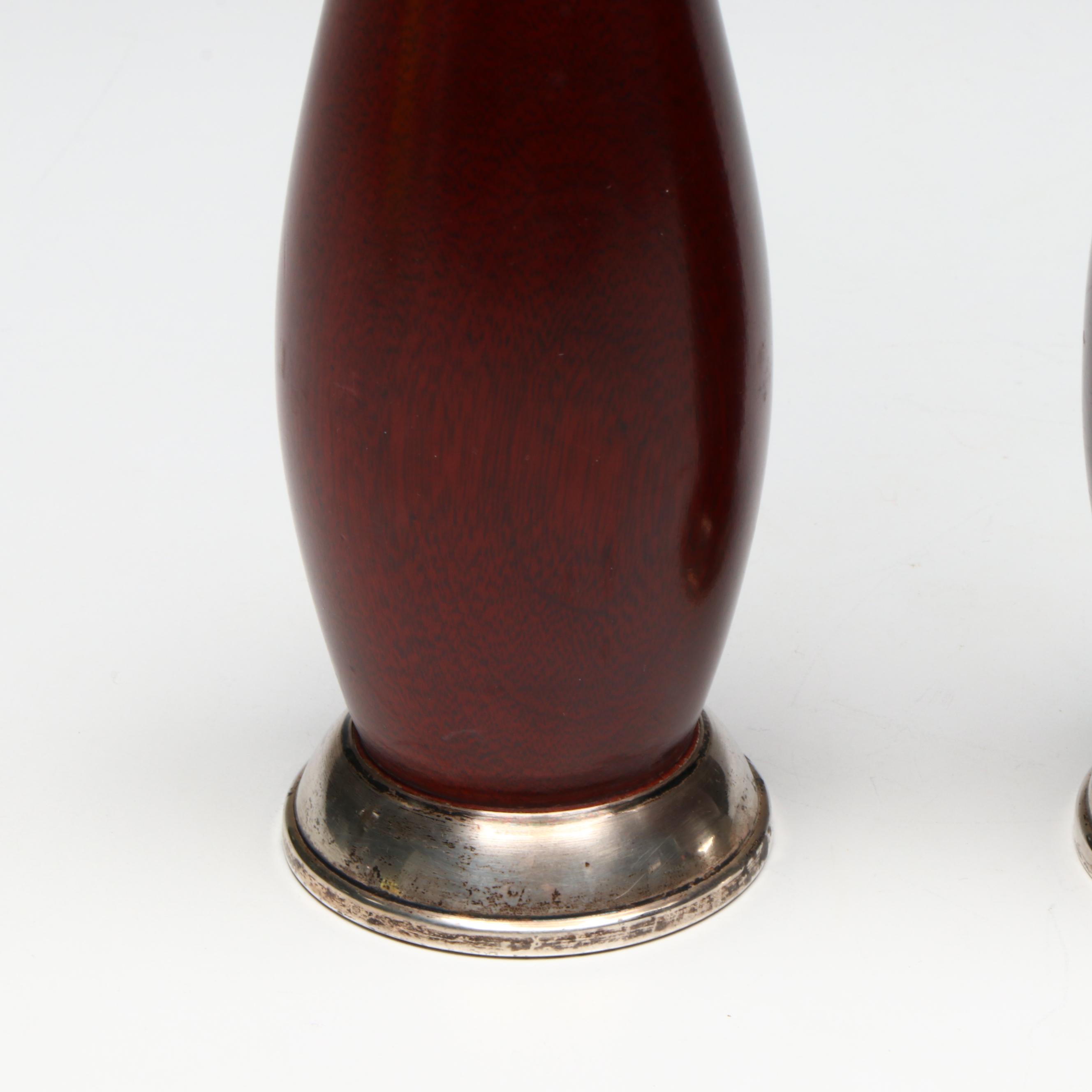 Italian Modern Style Sterling Silver and Wood Pepper Mill and Salt Shaker