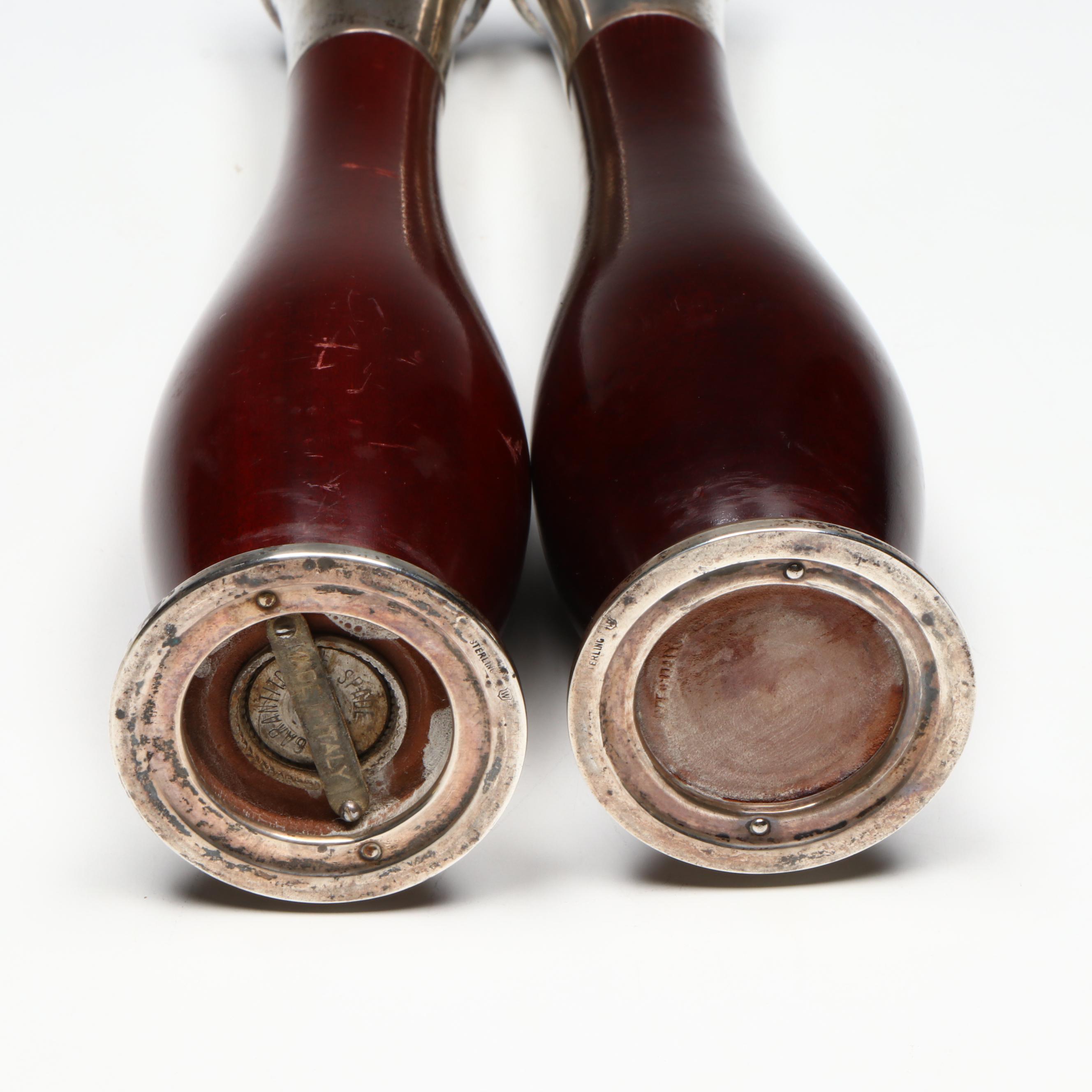 Italian Modern Style Sterling Silver and Wood Pepper Mill and Salt Shaker