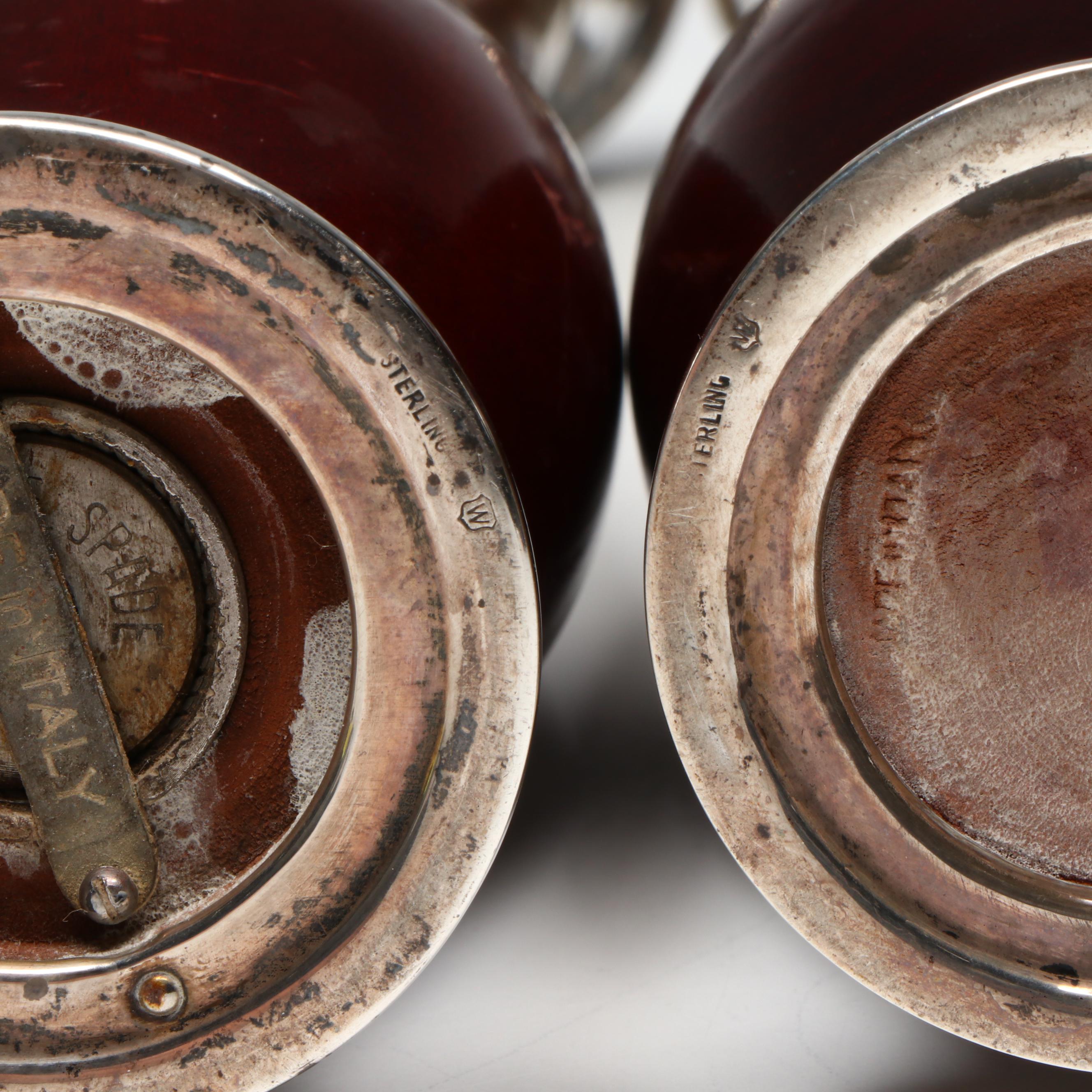 Italian Modern Style Sterling Silver and Wood Pepper Mill and Salt Shaker