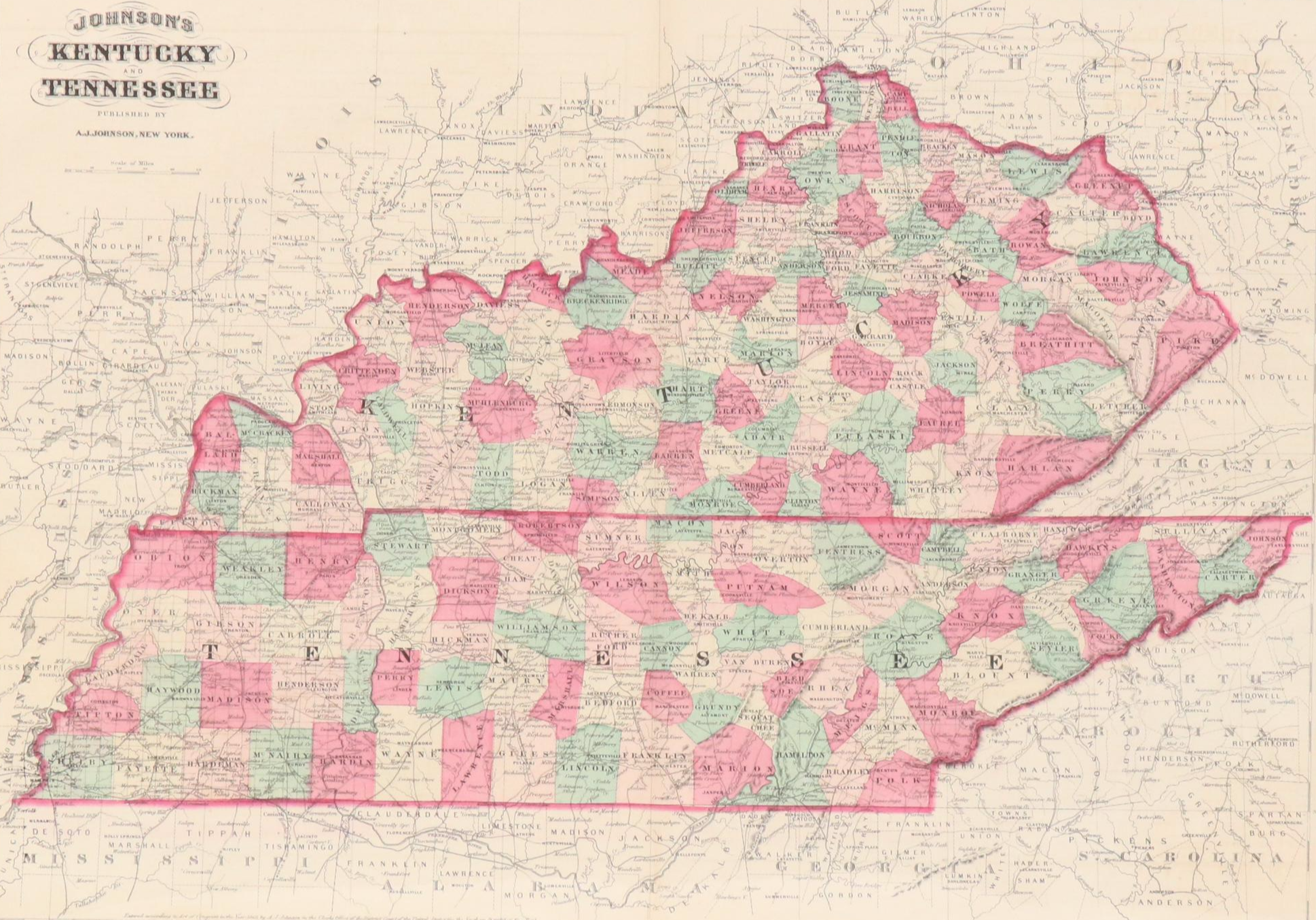 Hand-Colored Engraved County Map "Johnson's Kentucky and Tennessee," Circa 1864