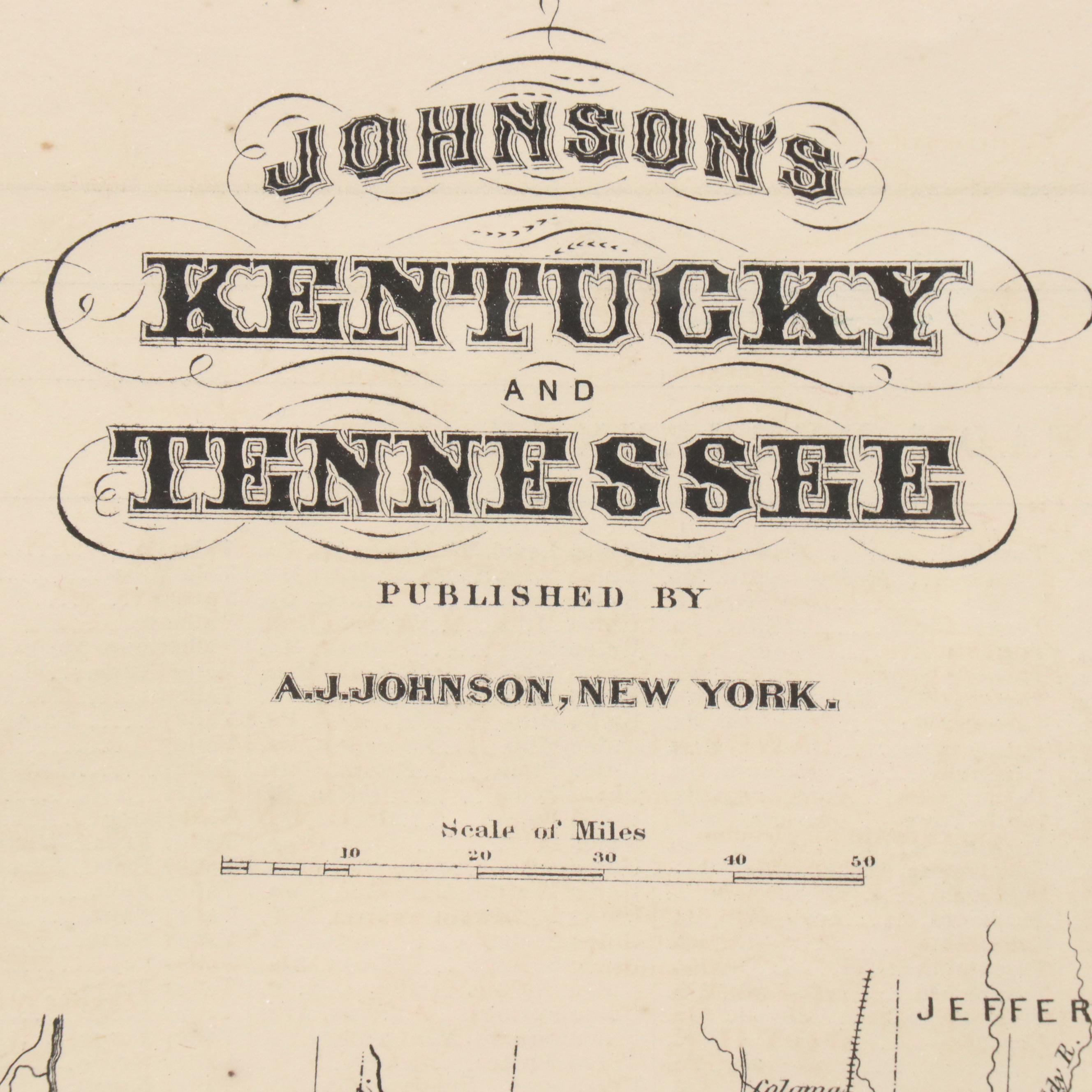 Hand-Colored Engraved County Map "Johnson's Kentucky and Tennessee," Circa 1864