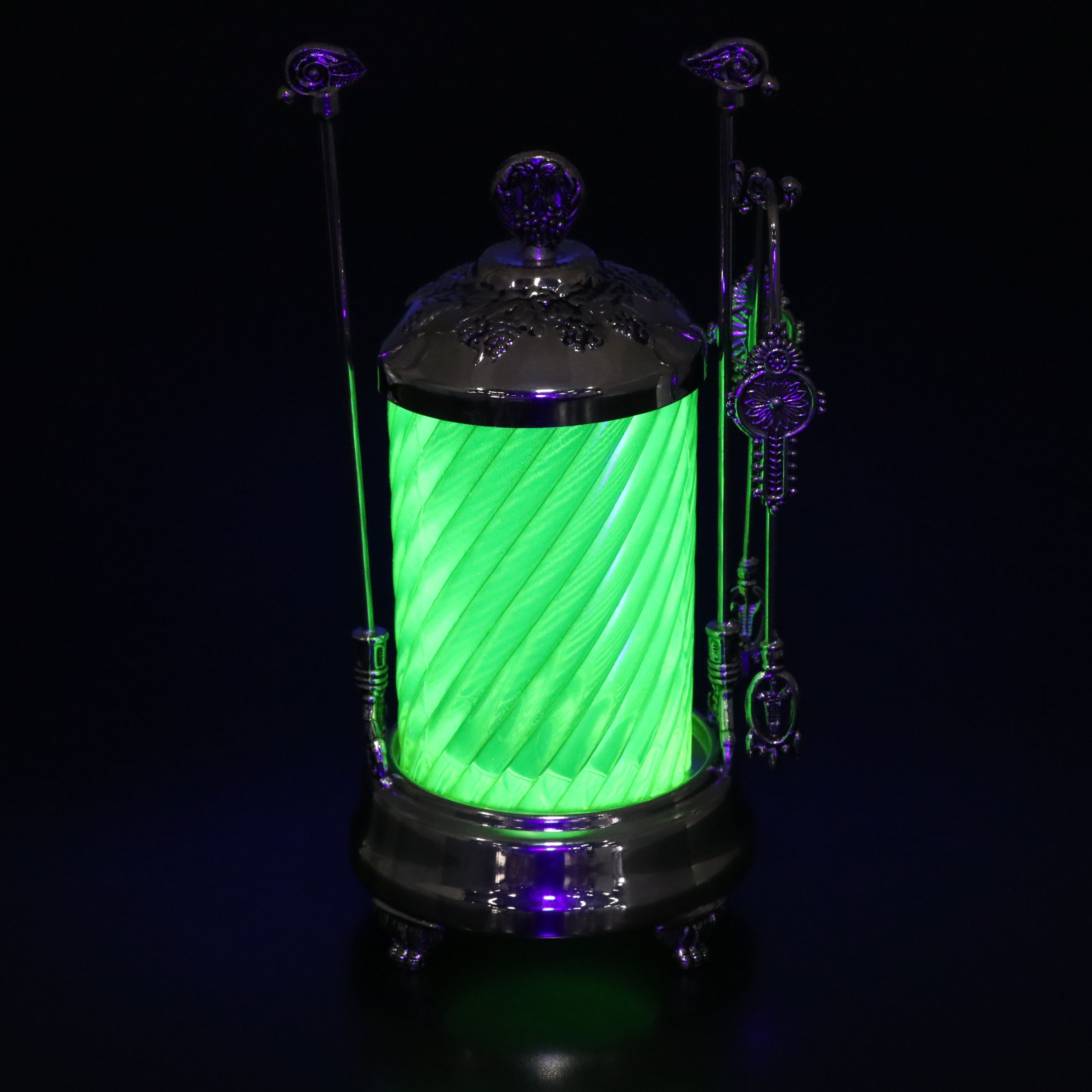 Victorian Aesthetic Movement Style Uranium Glass Pickle Castor with Tongs