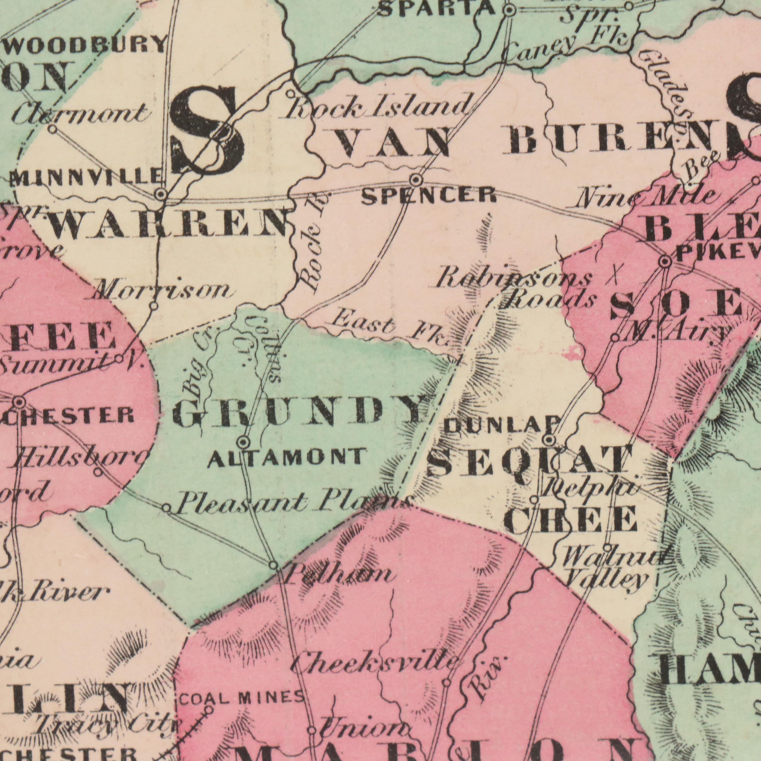 Hand-Colored Engraved County Map "Johnson's Kentucky and Tennessee," Circa 1864