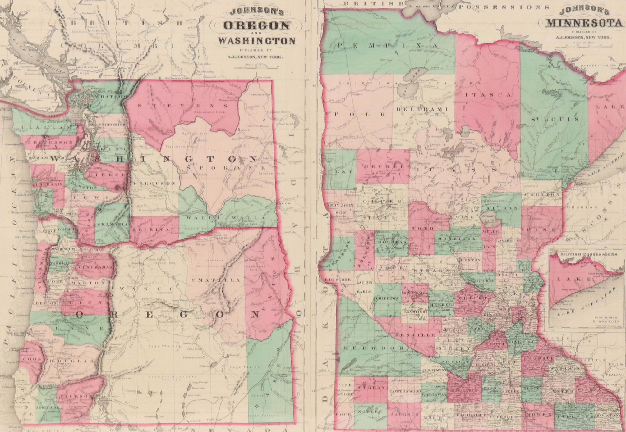 Hand-Colored Engraved County Map "Johnson's Oregon and Washington," Circa 1864