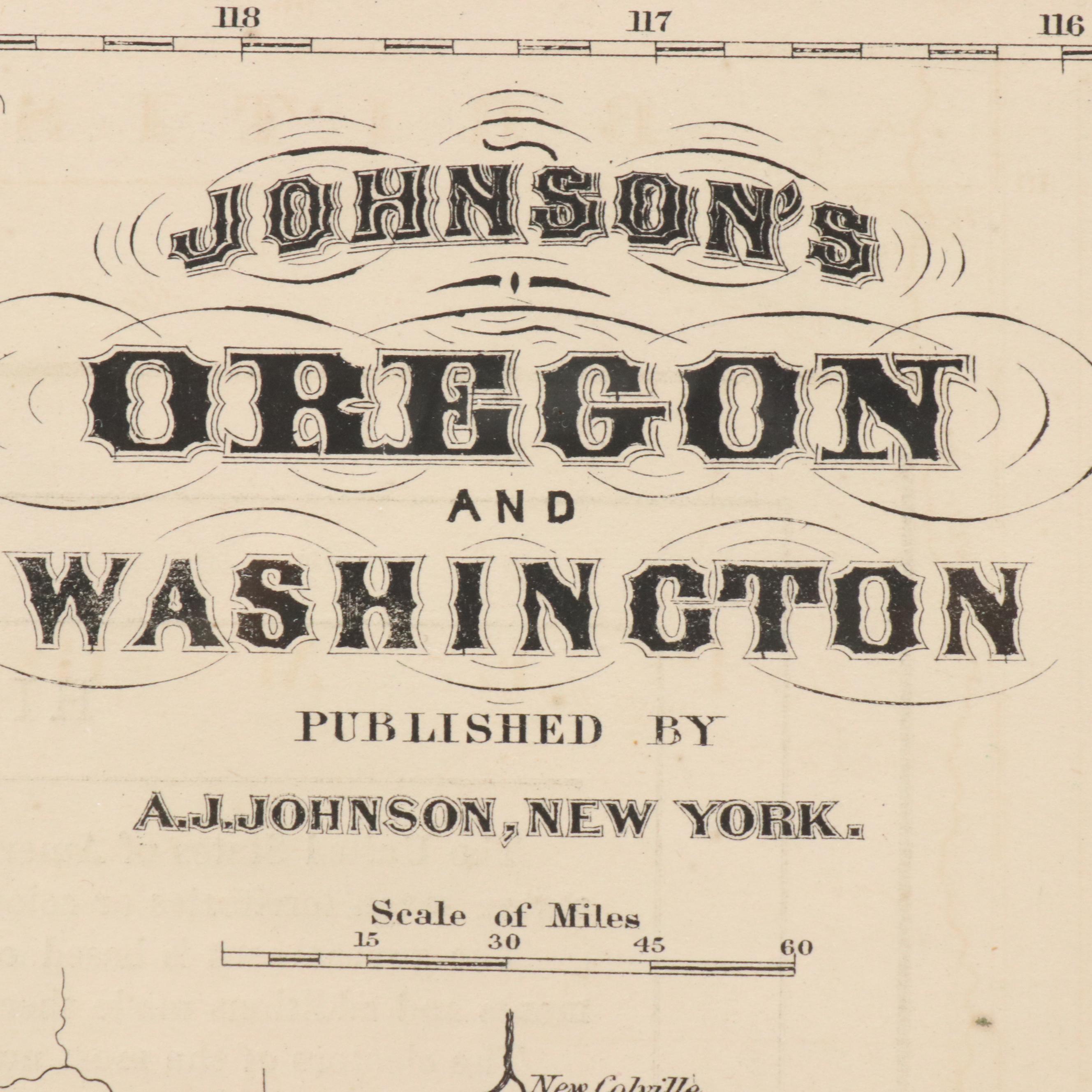 Hand-Colored Engraved County Map "Johnson's Oregon and Washington," Circa 1864