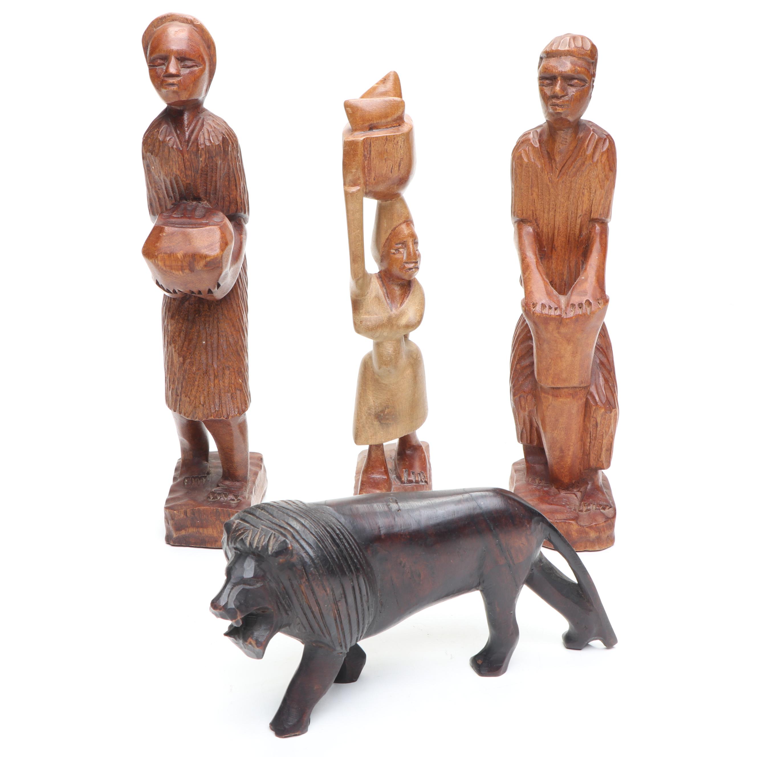 Haitian Hand-Carved Wooden Figures with African Carved Lion
