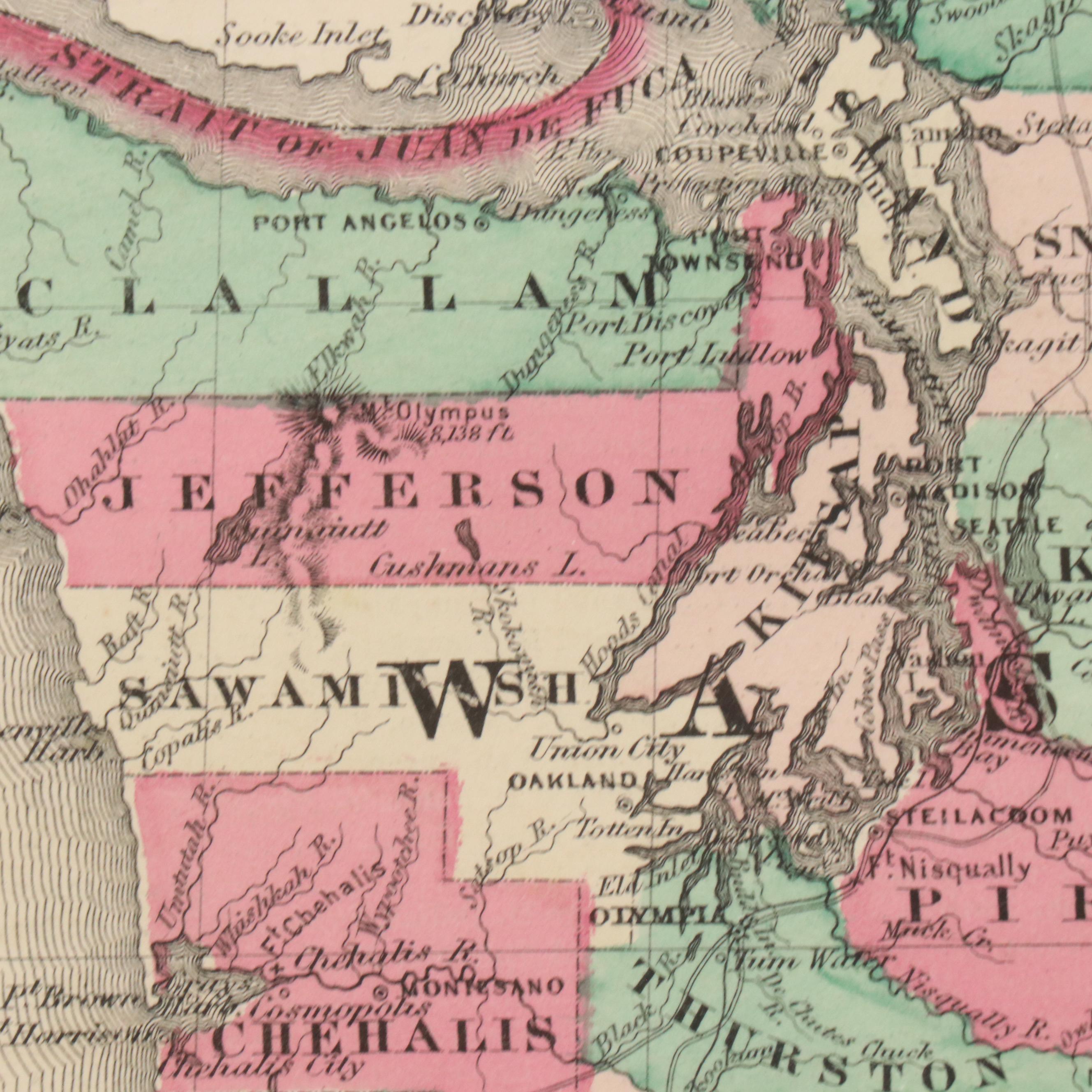 Hand-Colored Engraved County Map "Johnson's Oregon and Washington," Circa 1864