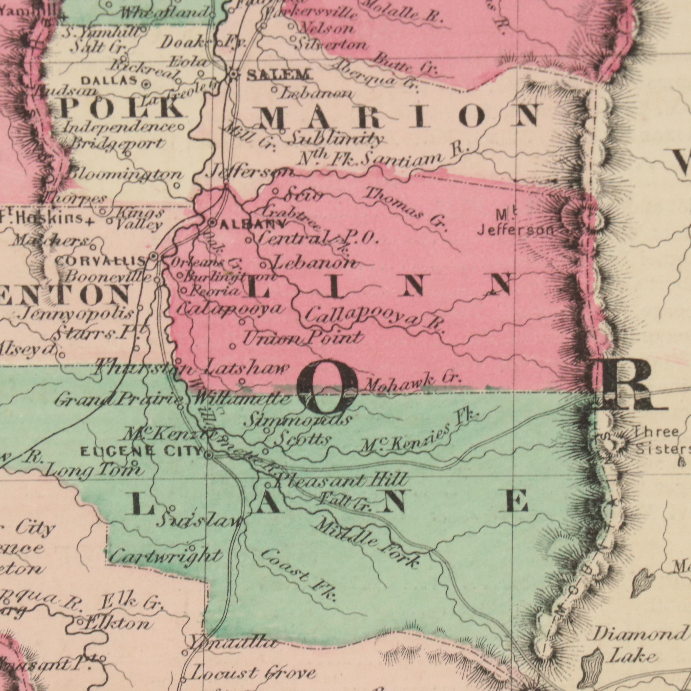 Hand-Colored Engraved County Map "Johnson's Oregon and Washington," Circa 1864