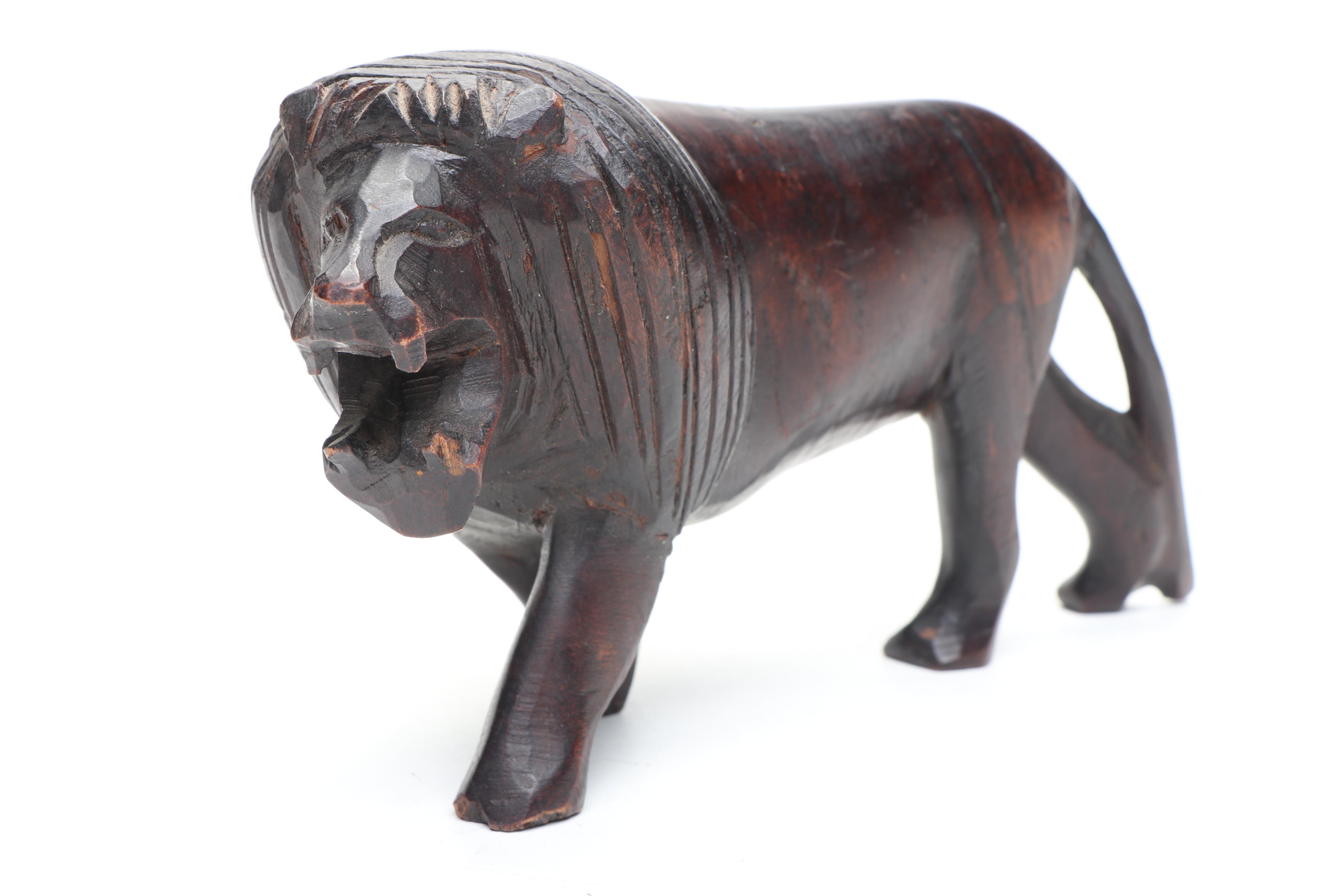 Haitian Hand-Carved Wooden Figures with African Carved Lion