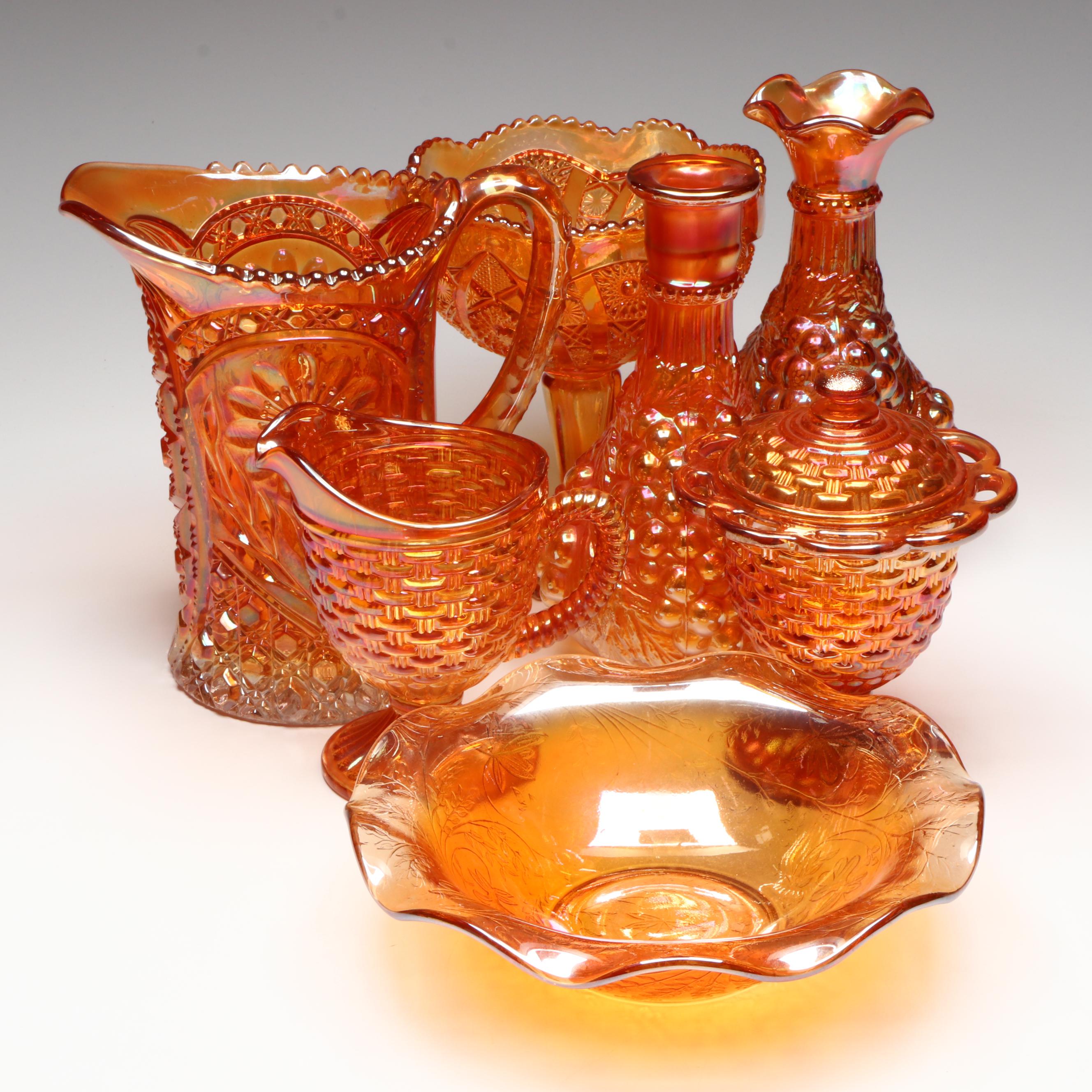 Imperial "Mayflower" Carnival Glass Pitcher with More Marigold Décor, 20th C.