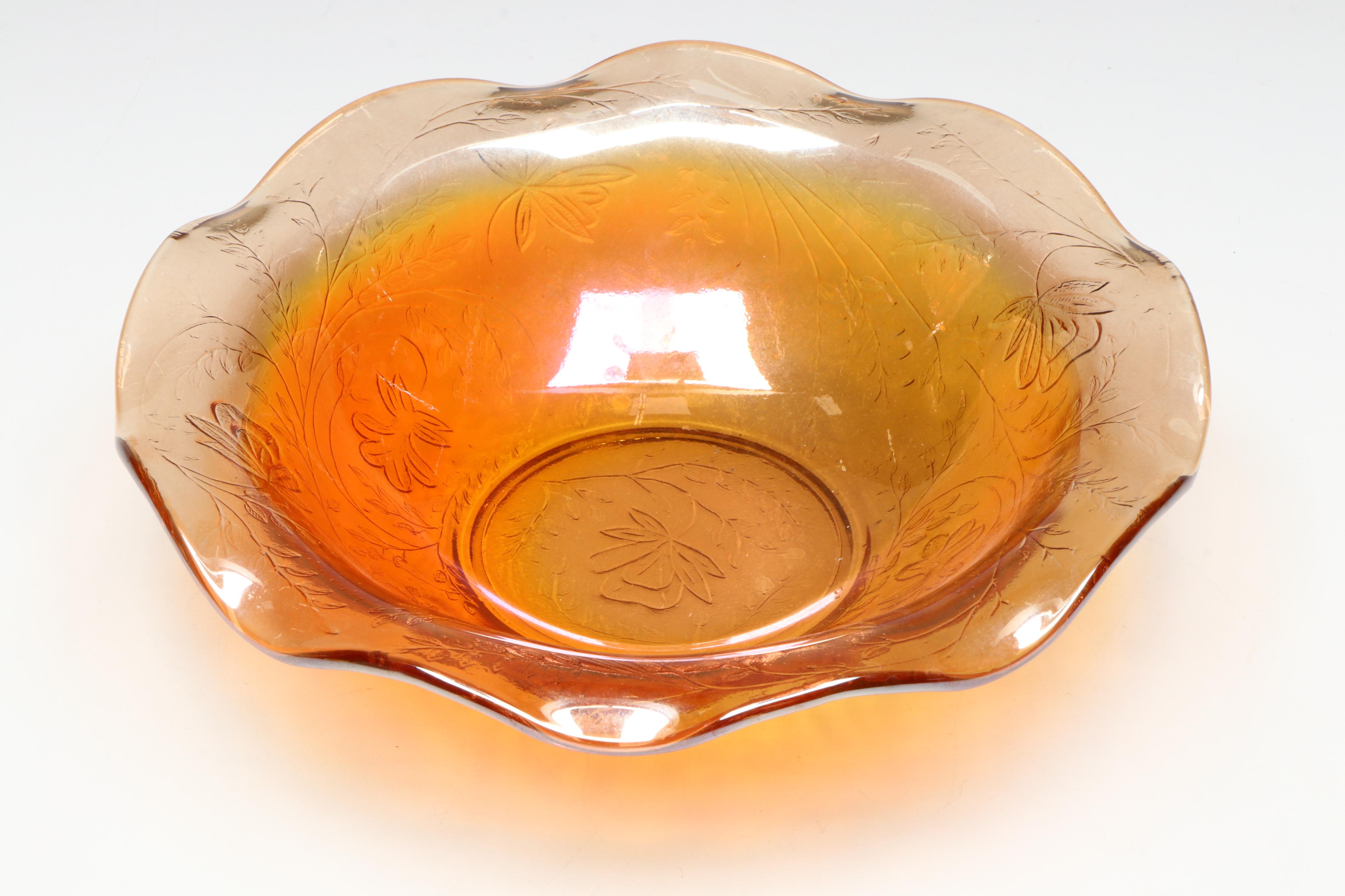 Imperial "Mayflower" Carnival Glass Pitcher with More Marigold Décor, 20th C.