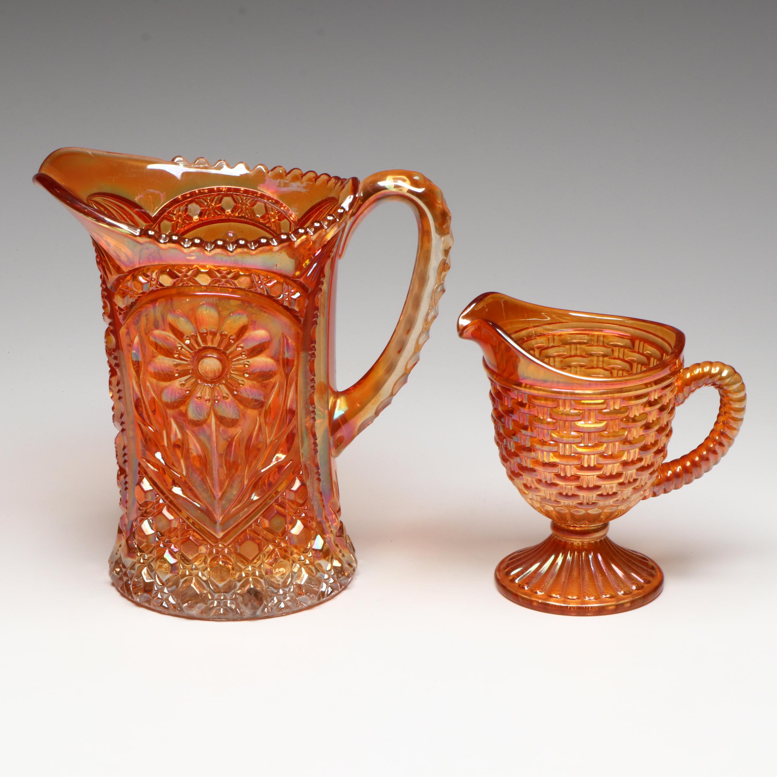 Imperial "Mayflower" Carnival Glass Pitcher with More Marigold Décor, 20th C.