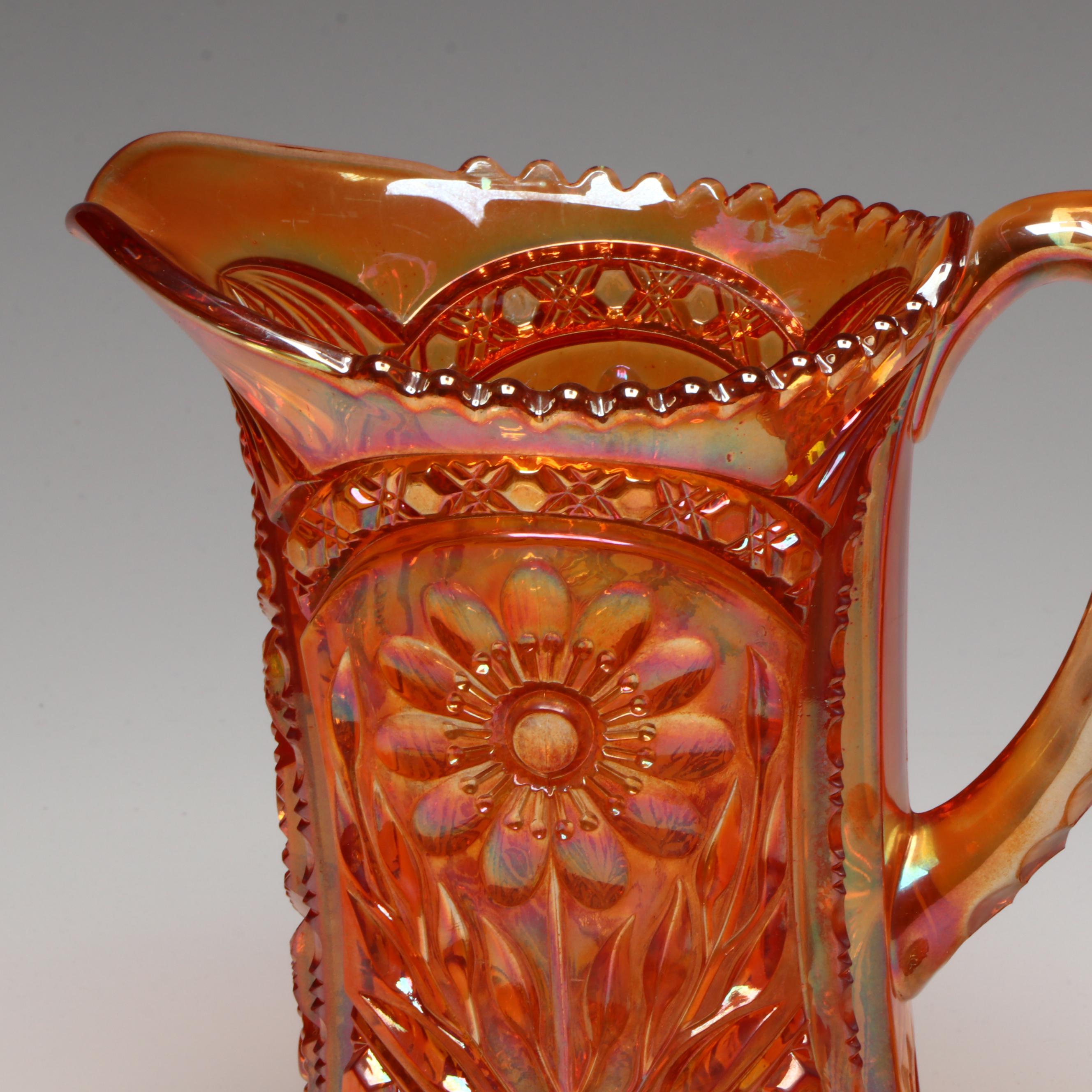 Imperial "Mayflower" Carnival Glass Pitcher with More Marigold Décor, 20th C.