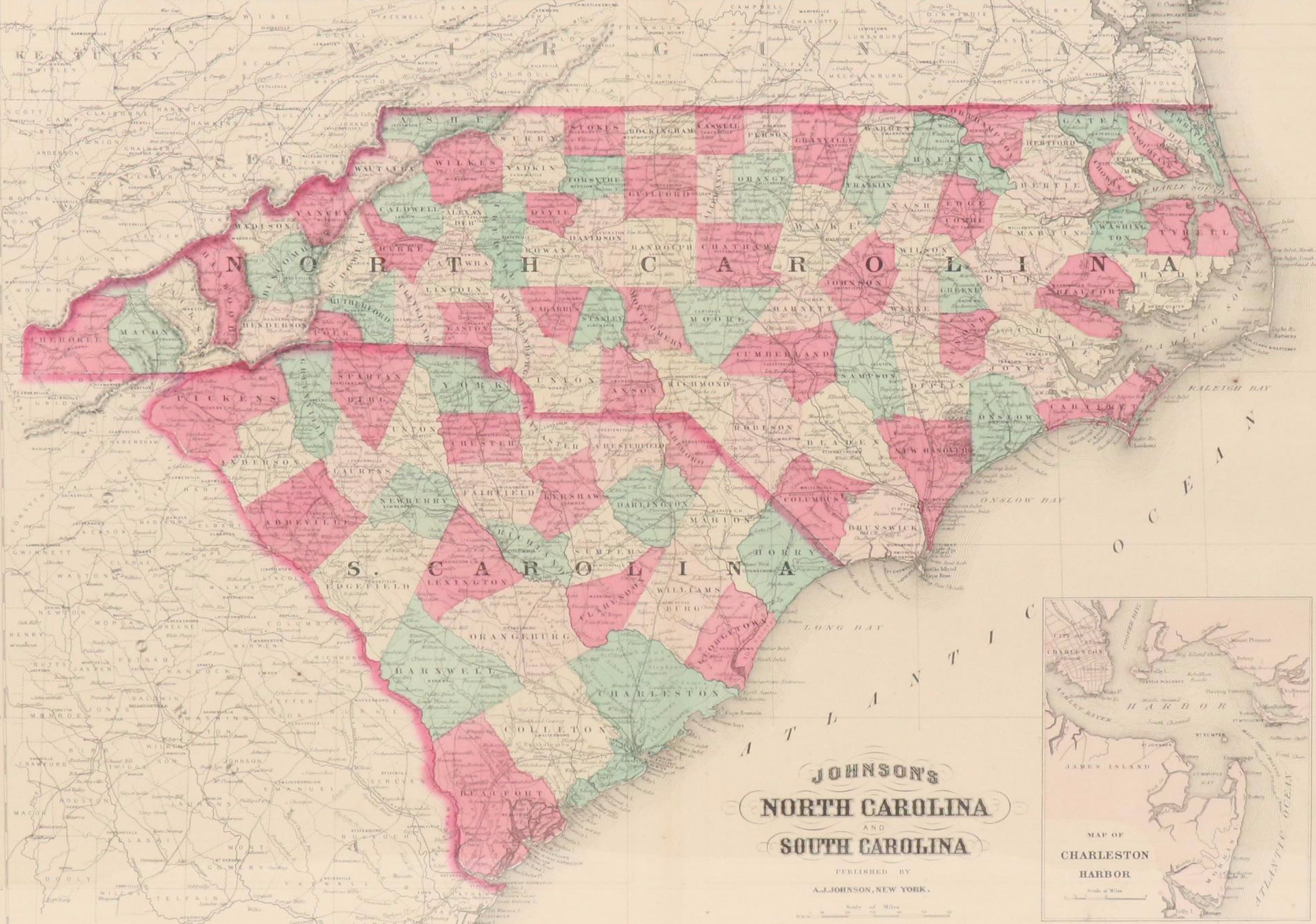 Hand-Colored Engraved County Map "Johnson's North Carolina and South Carolina"