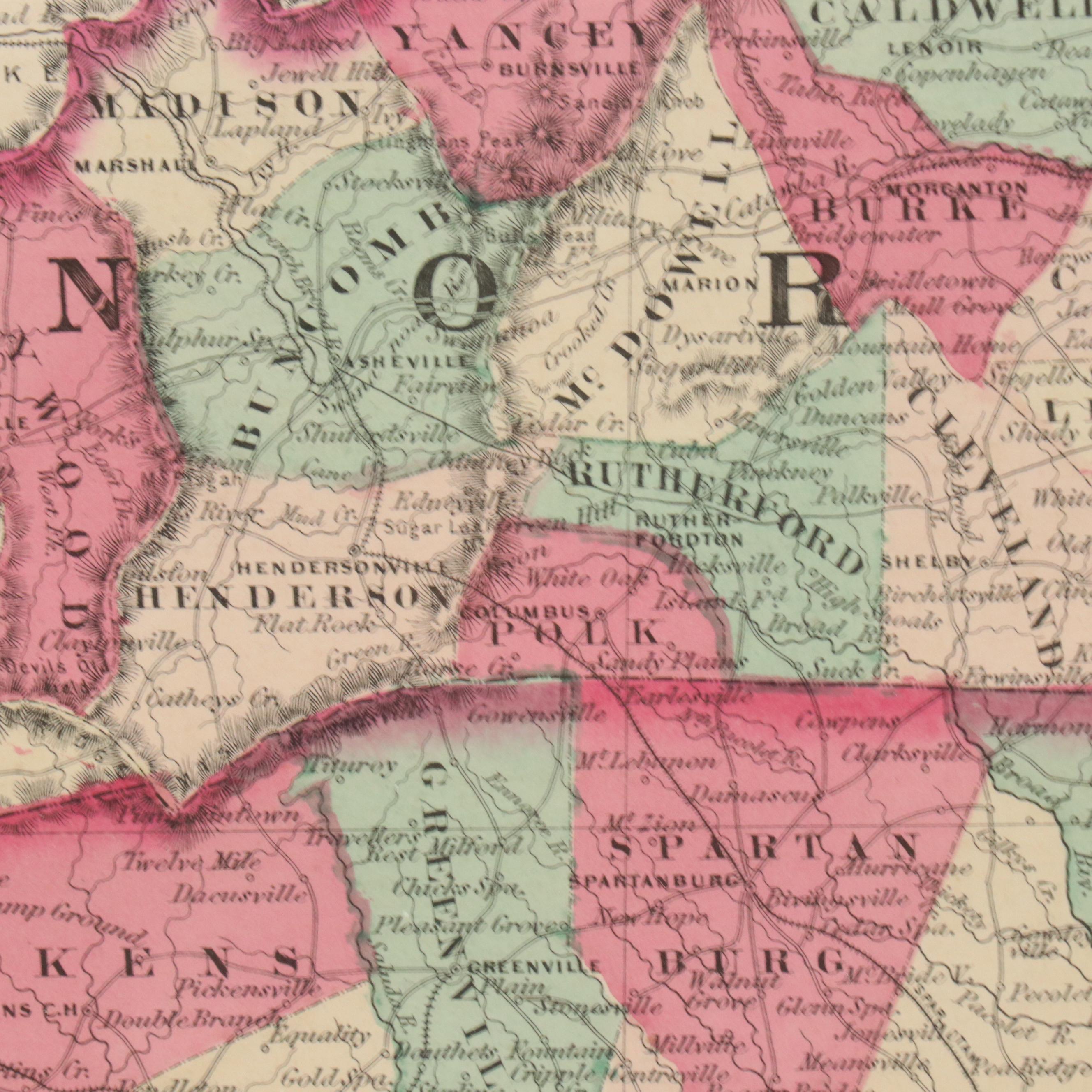 Hand-Colored Engraved County Map "Johnson's North Carolina and South Carolina"