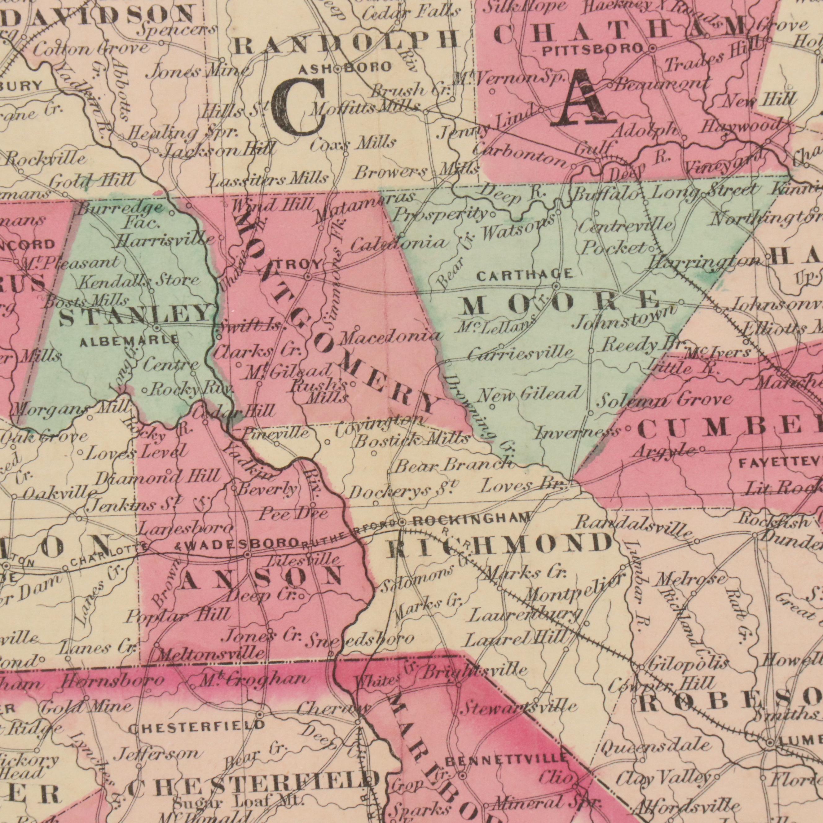 Hand-Colored Engraved County Map "Johnson's North Carolina and South Carolina"