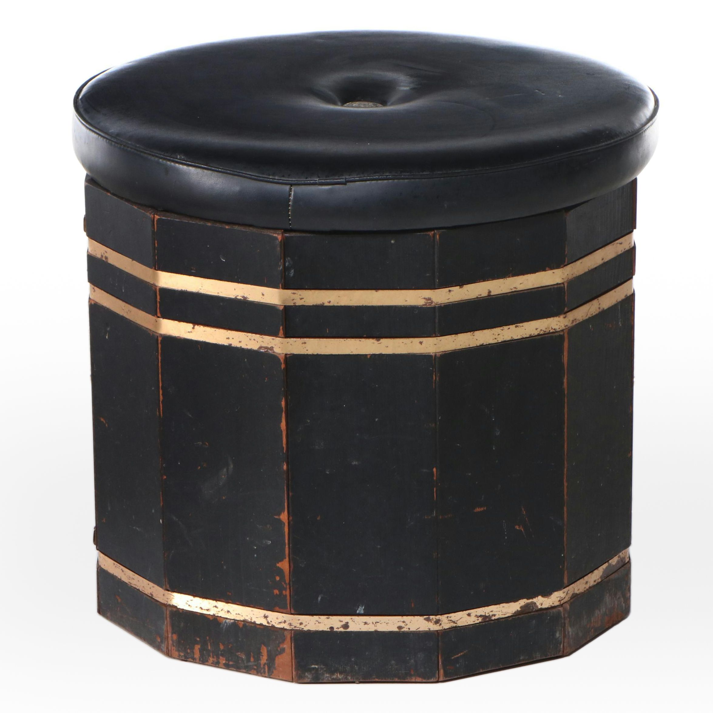 Nasco, Inc. Coin-Tufted Vinyl and Metal-Bound Ebonized Wood Storage Ottoman