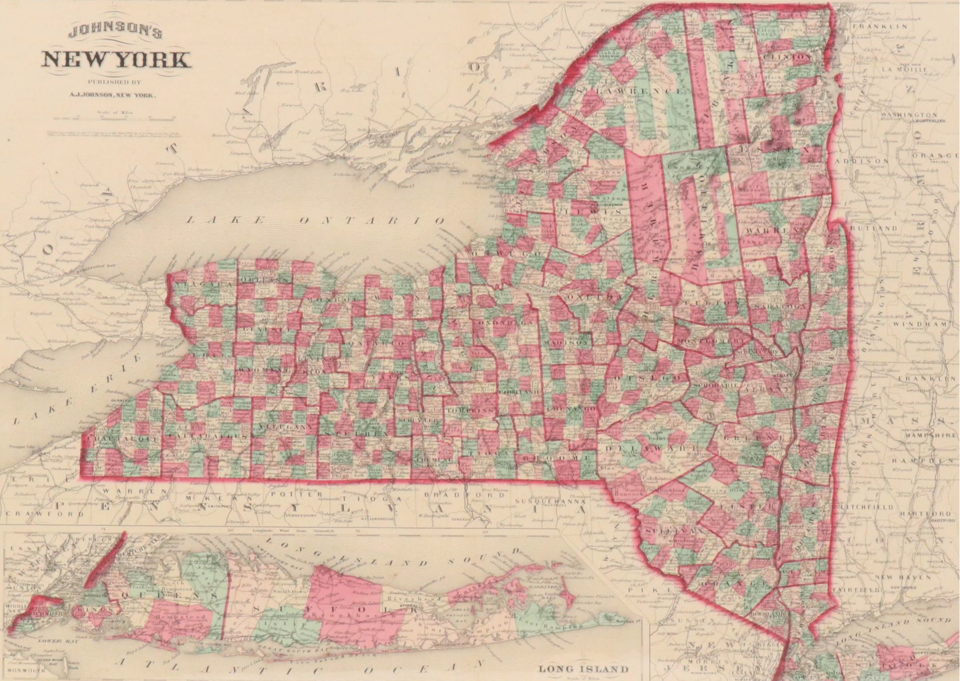 Hand-Colored Engraved County Map "Johnson's New York," Circa 1864