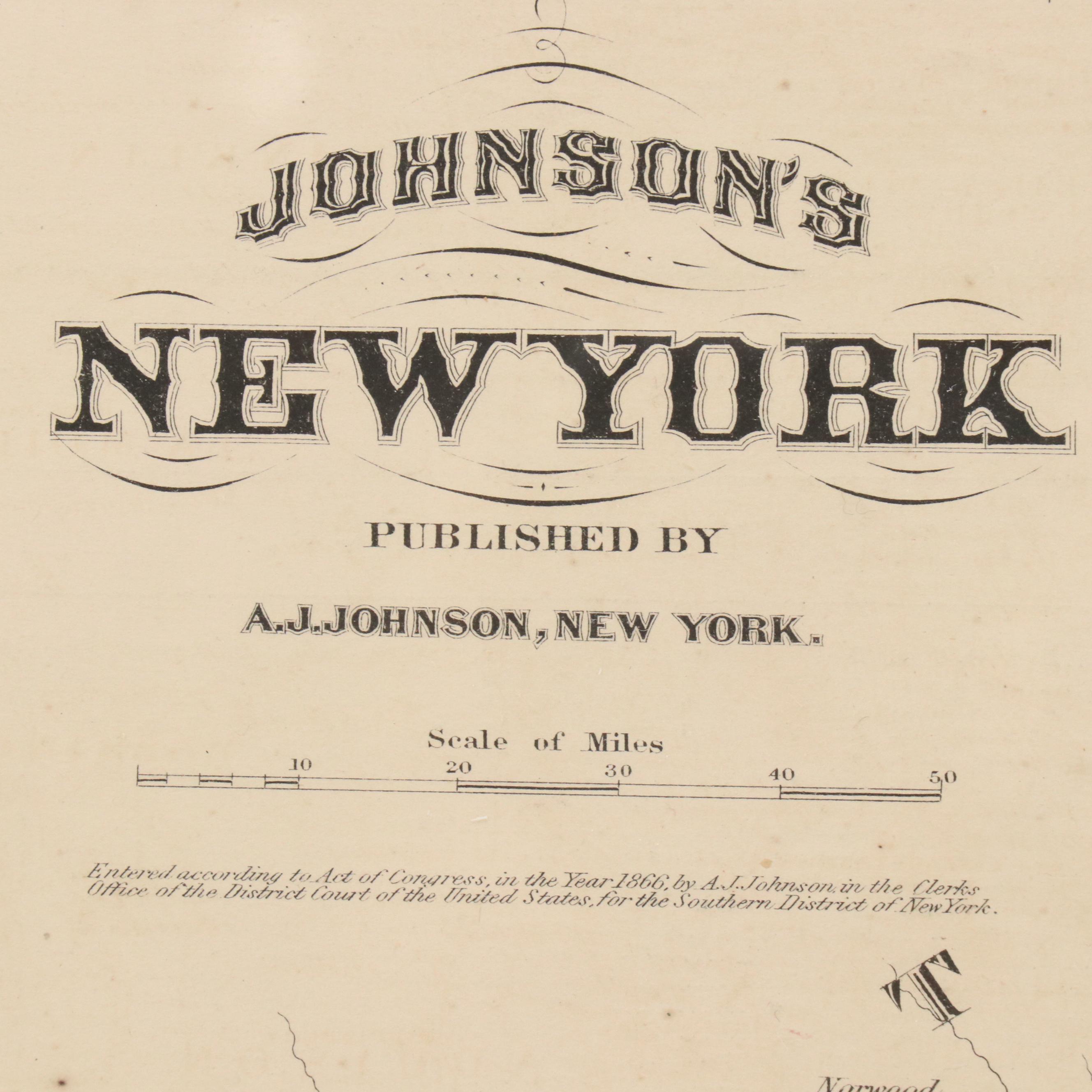Hand-Colored Engraved County Map "Johnson's New York," Circa 1864