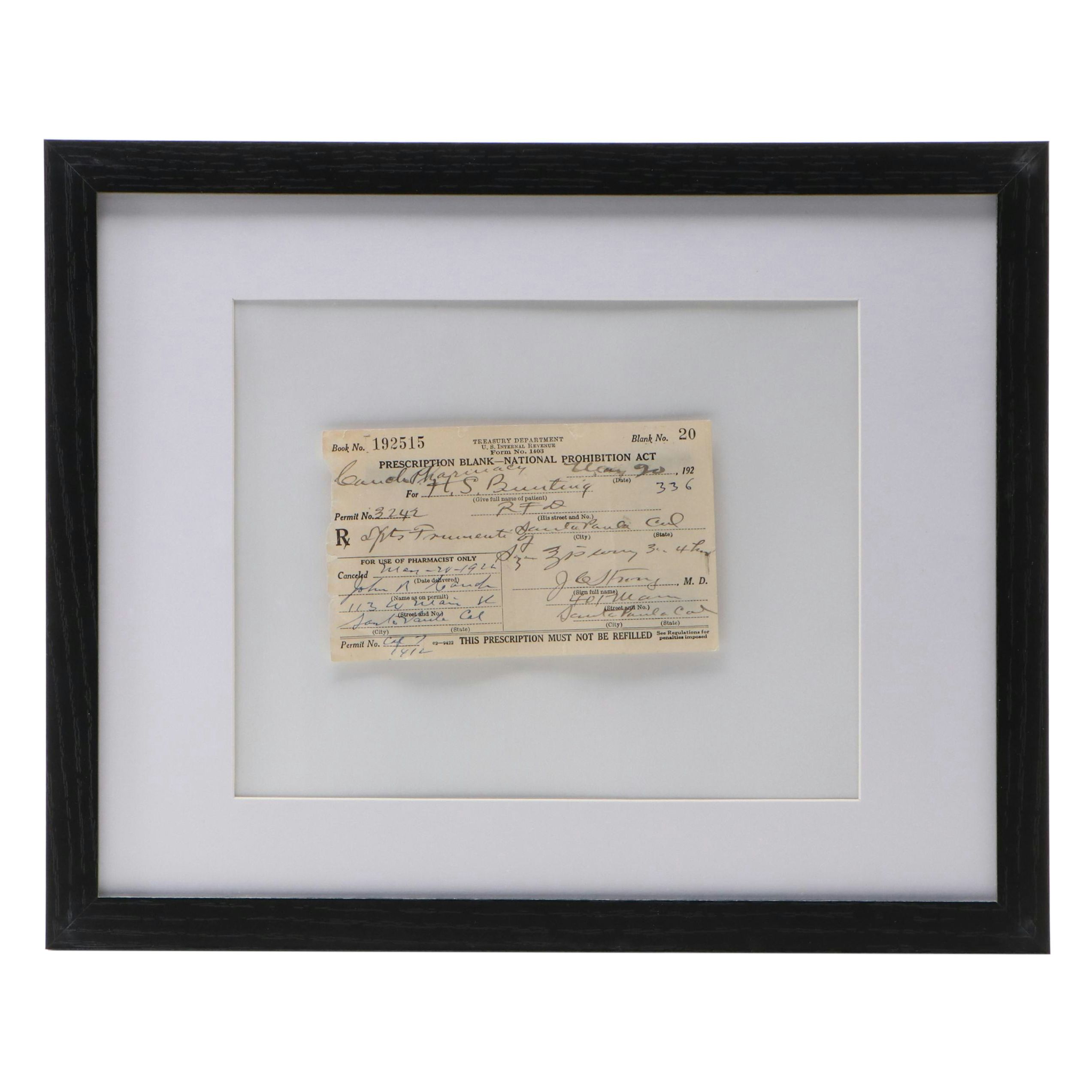 Prohibition Era Prescription Form for Alcohol, 1920s