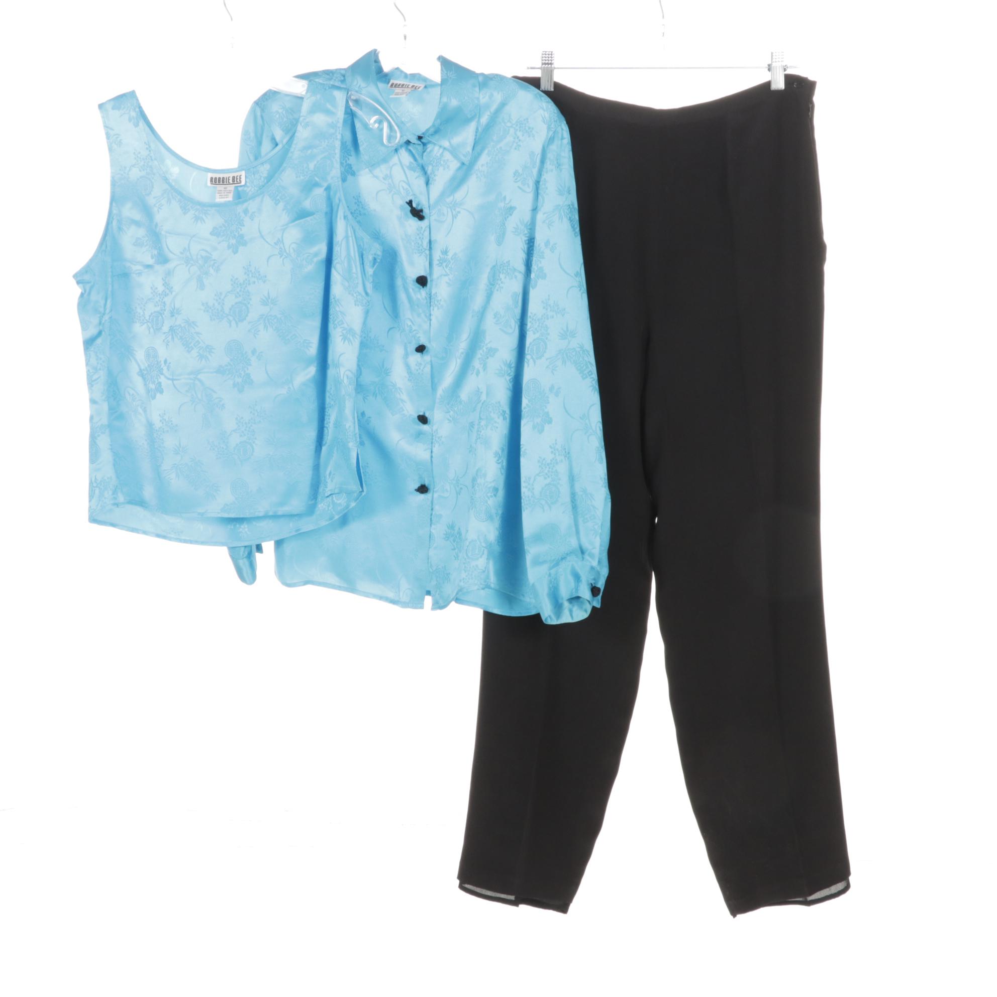 Robbie Bee Blue Floral Silk Tank Top and Blouse with Black Silk Trousers in Set