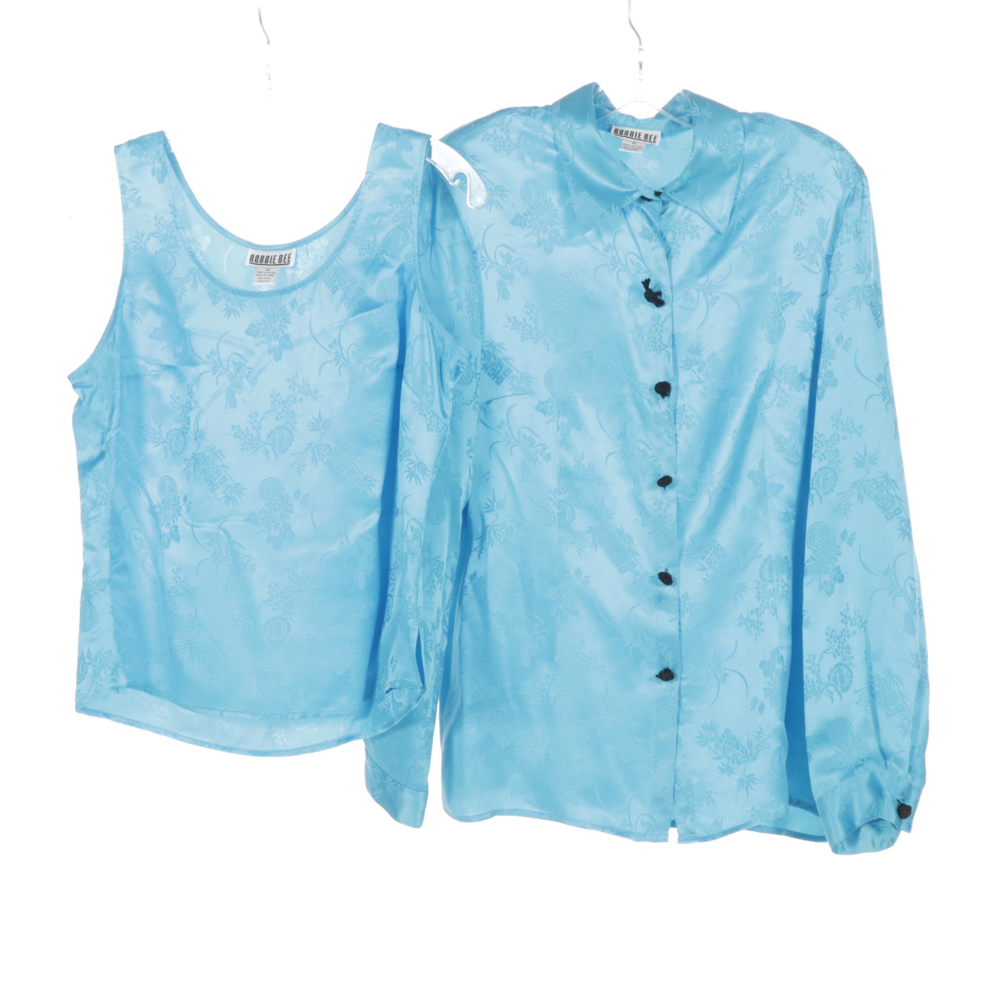 Robbie Bee Blue Floral Silk Tank Top and Blouse with Black Silk Trousers in Set