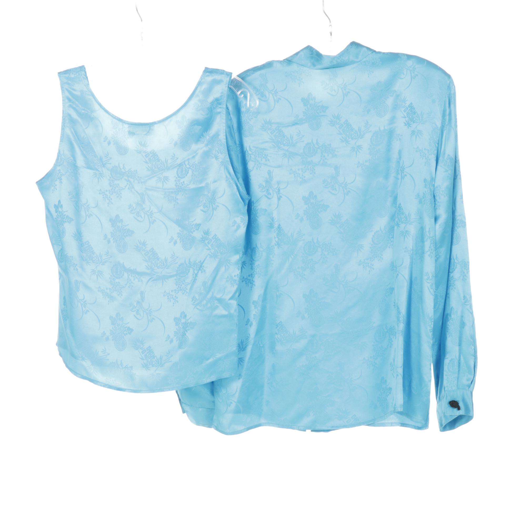 Robbie Bee Blue Floral Silk Tank Top and Blouse with Black Silk Trousers in Set