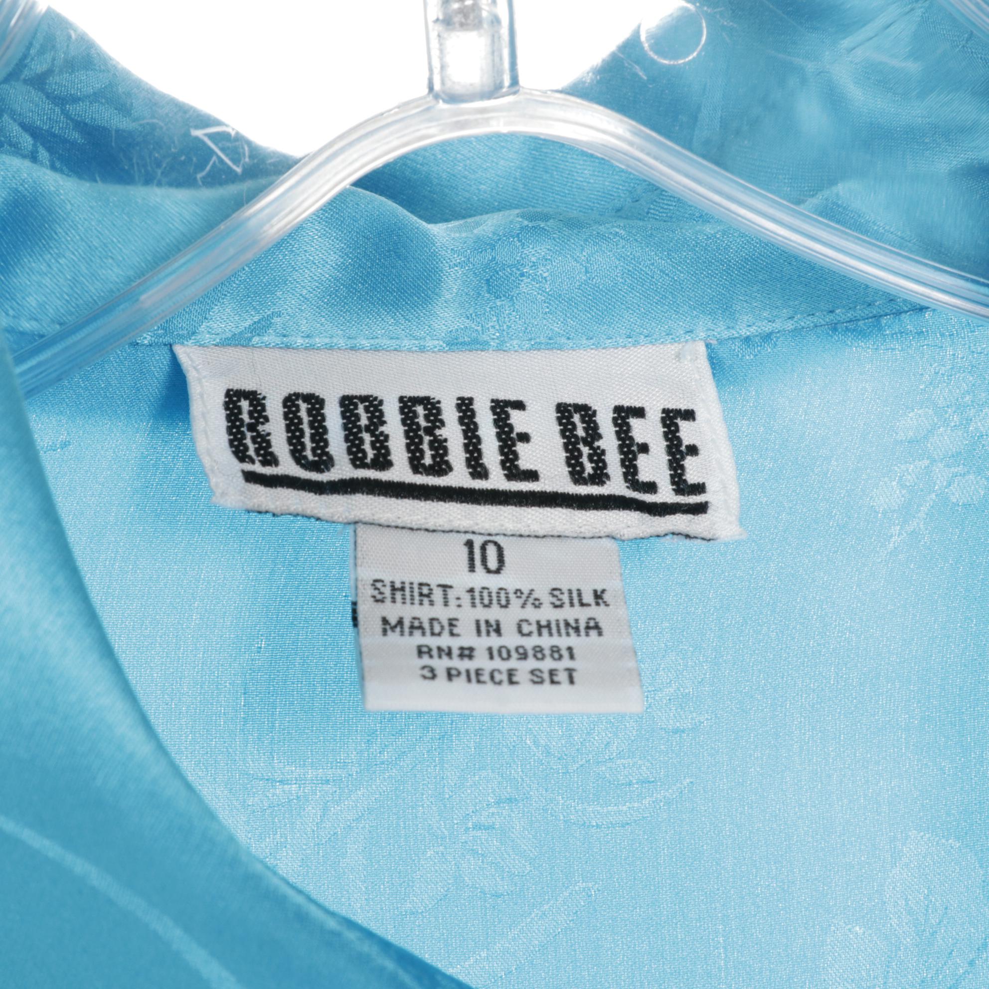 Robbie Bee Blue Floral Silk Tank Top and Blouse with Black Silk Trousers in Set