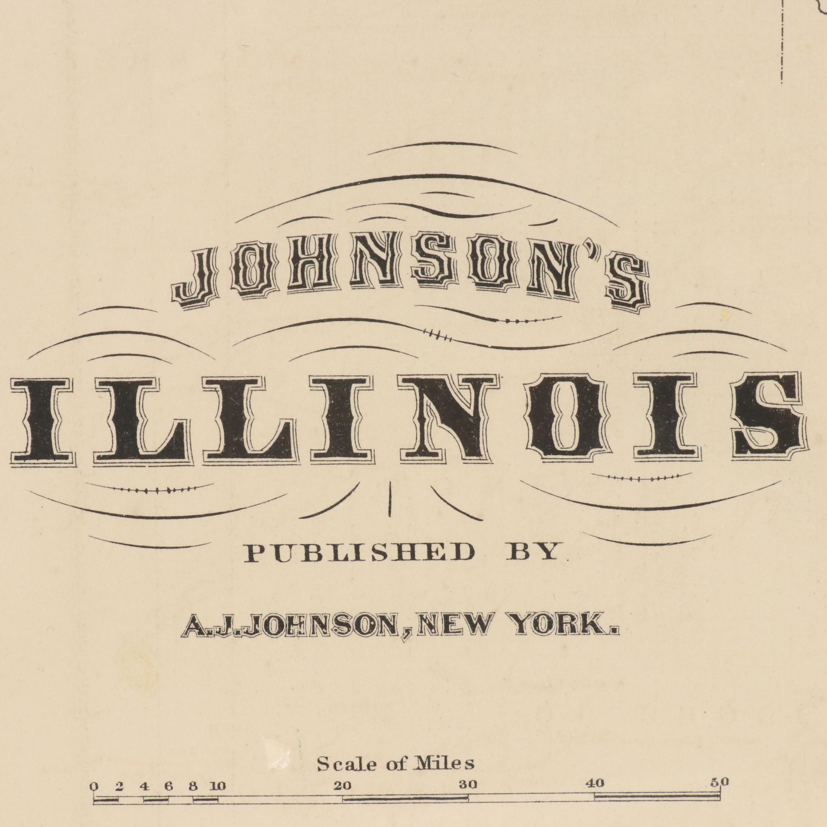 Hand-Colored Engraved County Map "Johnson's Illinois," Circa 1864