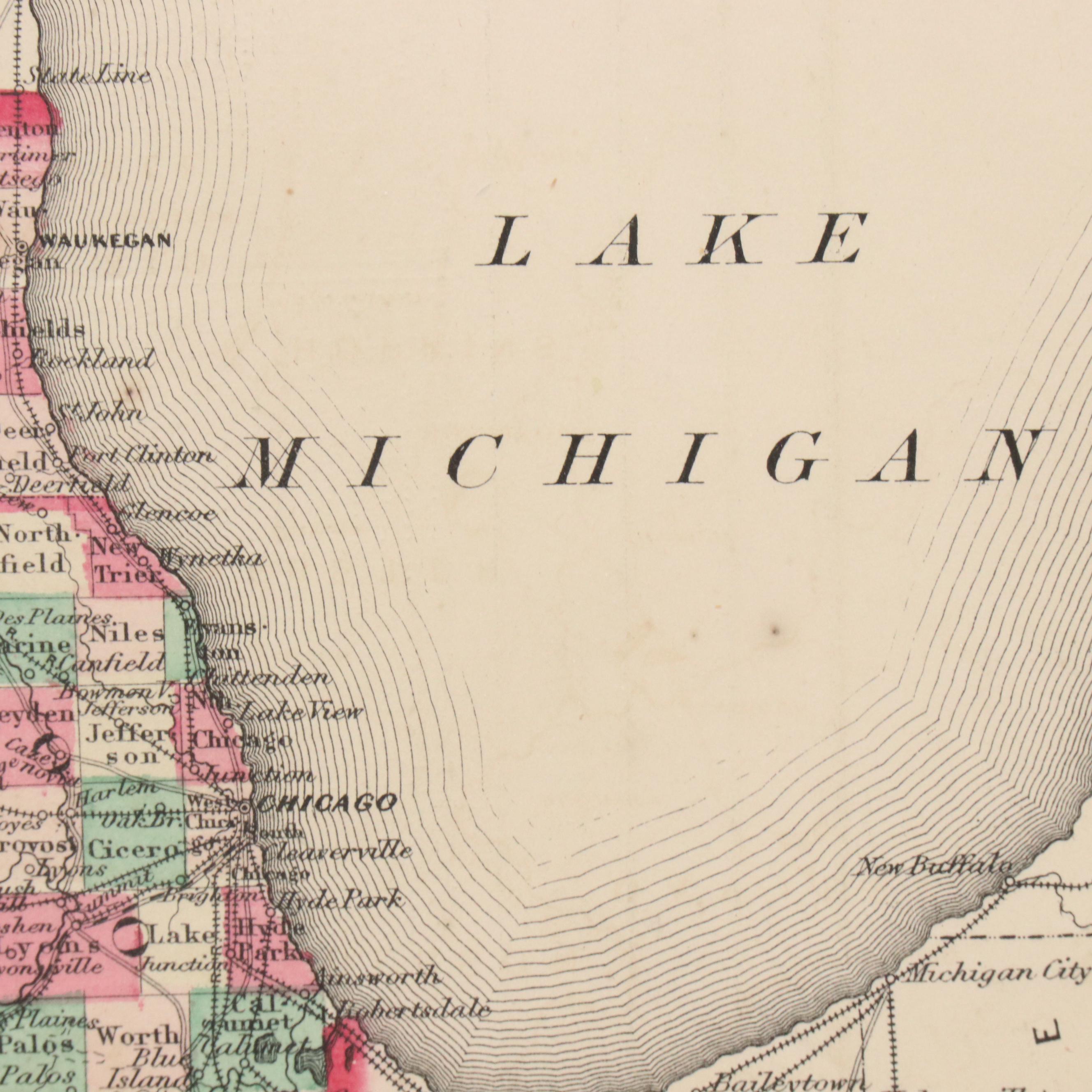 Hand-Colored Engraved County Map "Johnson's Illinois," Circa 1864