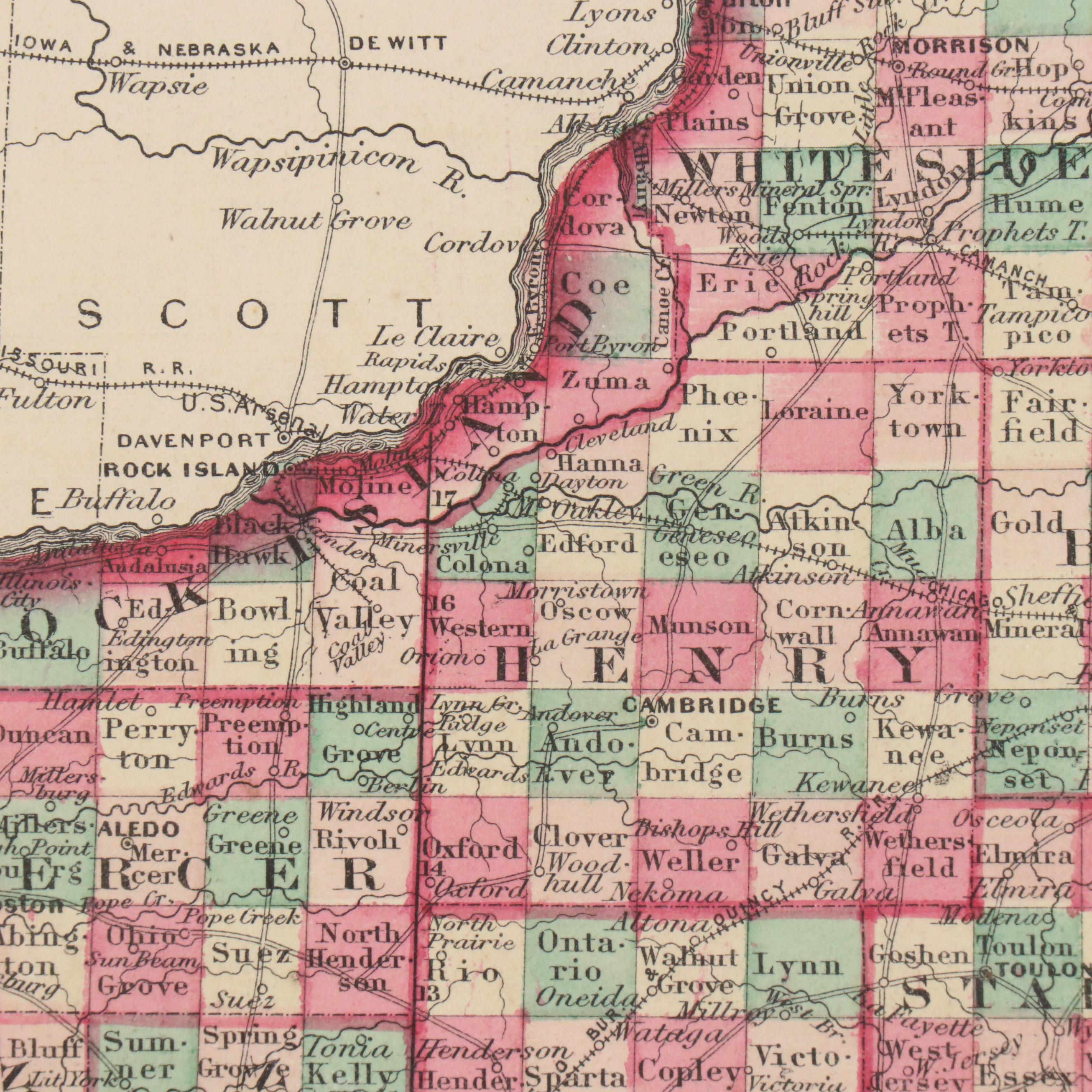 Hand-Colored Engraved County Map "Johnson's Illinois," Circa 1864