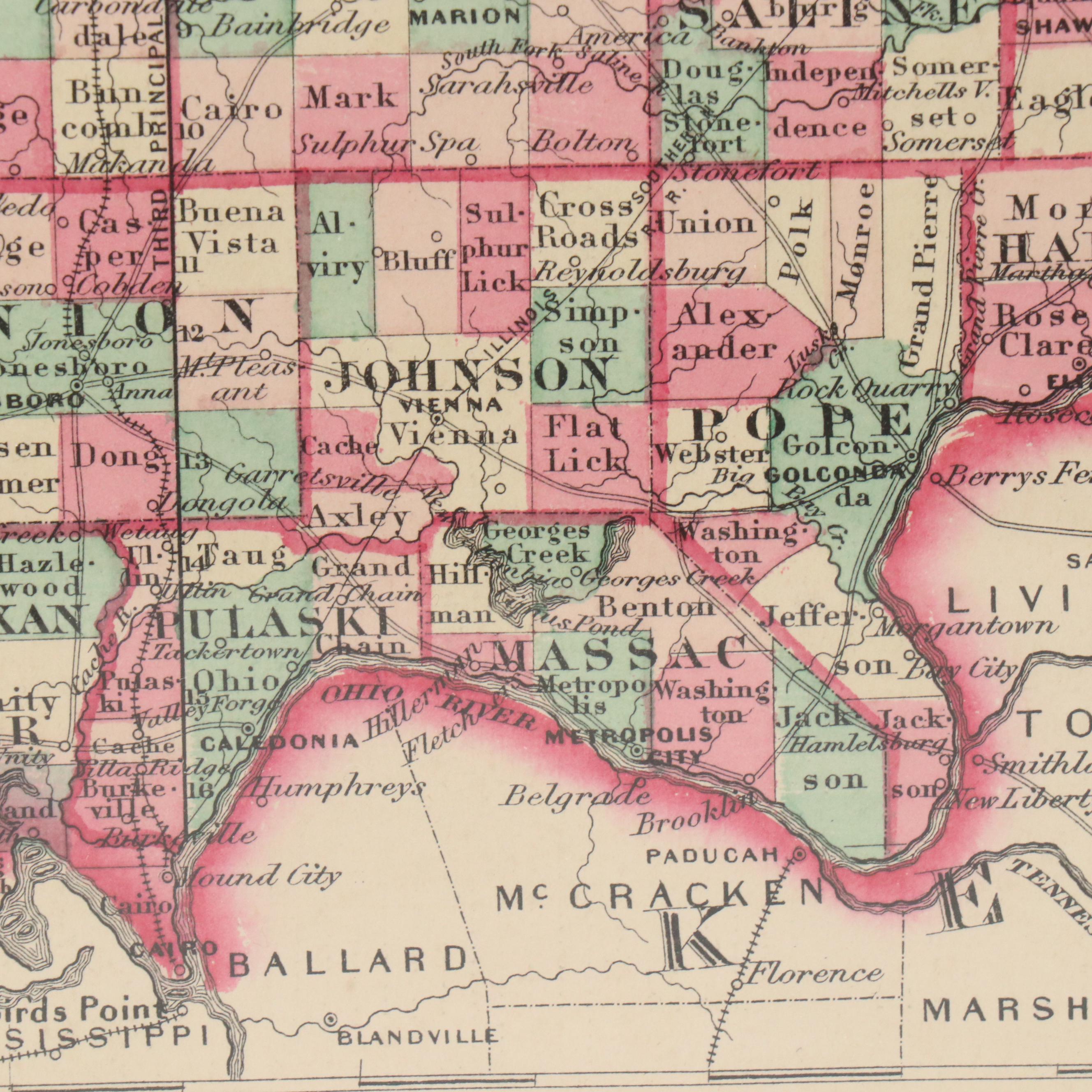Hand-Colored Engraved County Map "Johnson's Illinois," Circa 1864