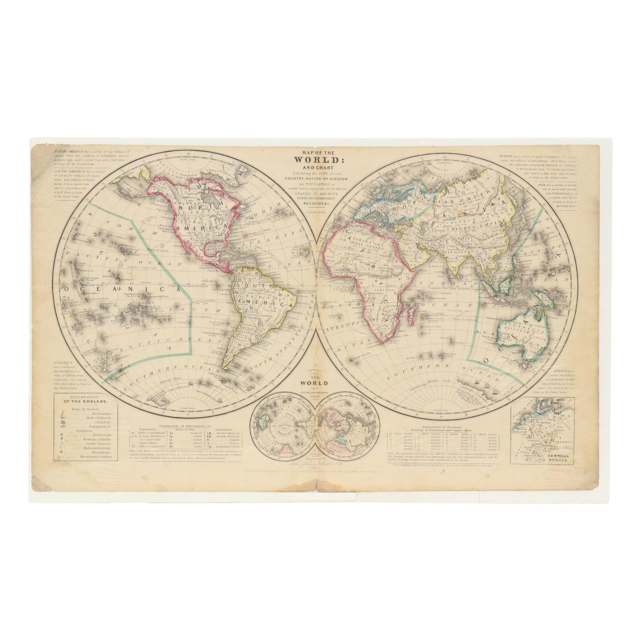 Stiles, Sherman & Smith Hand-Colored Engraved "Map of the World," circa 1839