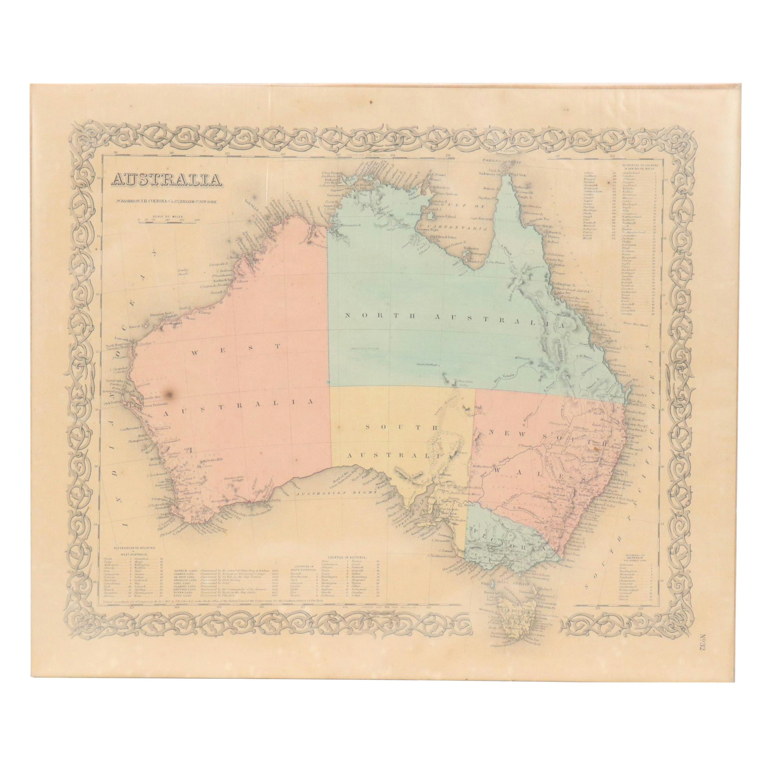 J. H. Colton & Co. Hand-Colored Engraved Map "Australia," Circa 1855