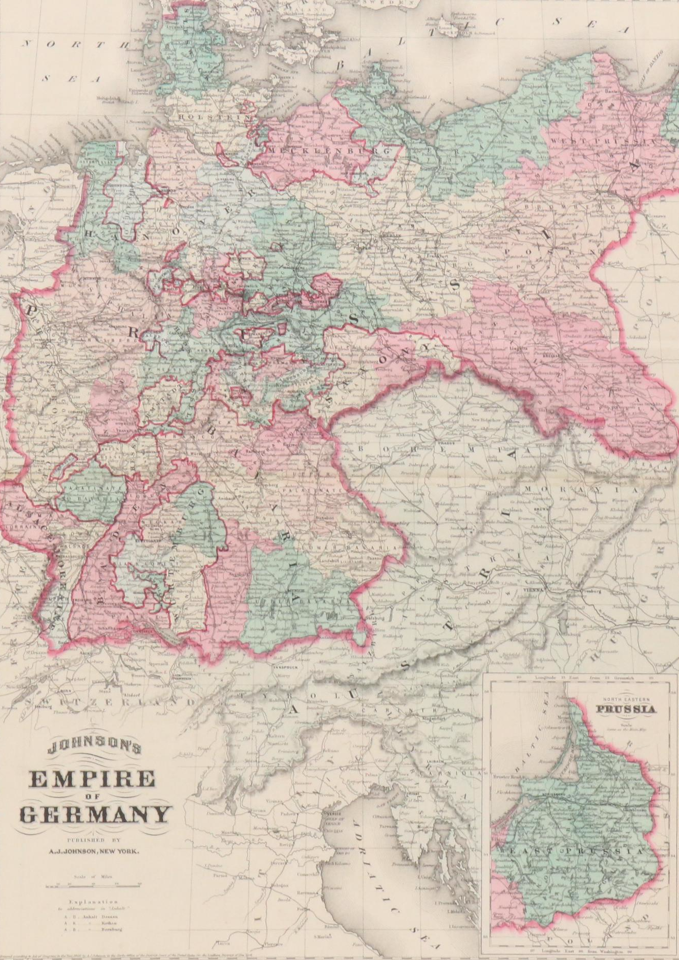 Hand-Colored Engraved Map "Johnson's Empire of Germany," Circa 1870
