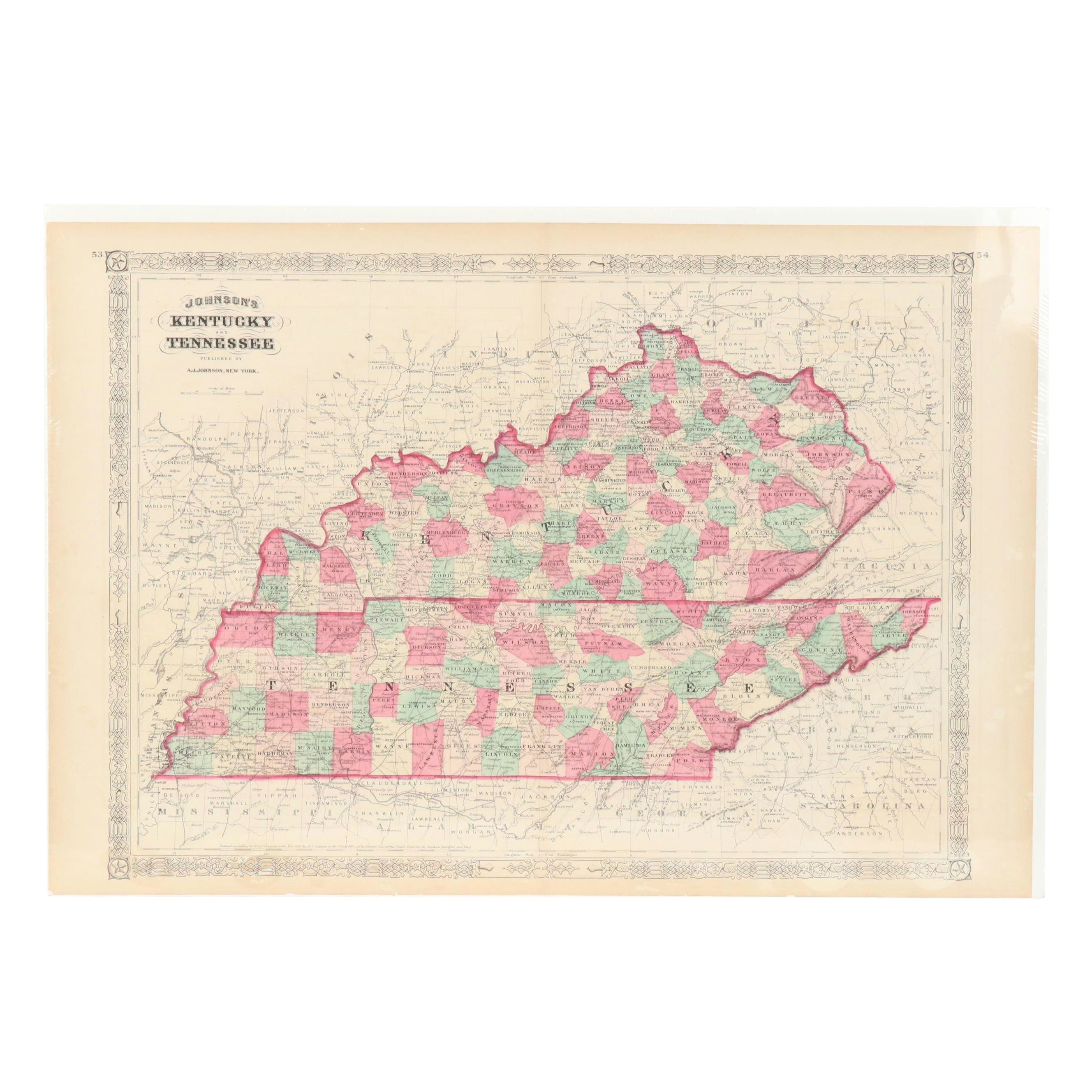 Hand-Colored Engraved County Map "Johnson's Kentucky and Tennessee," Circa 1864