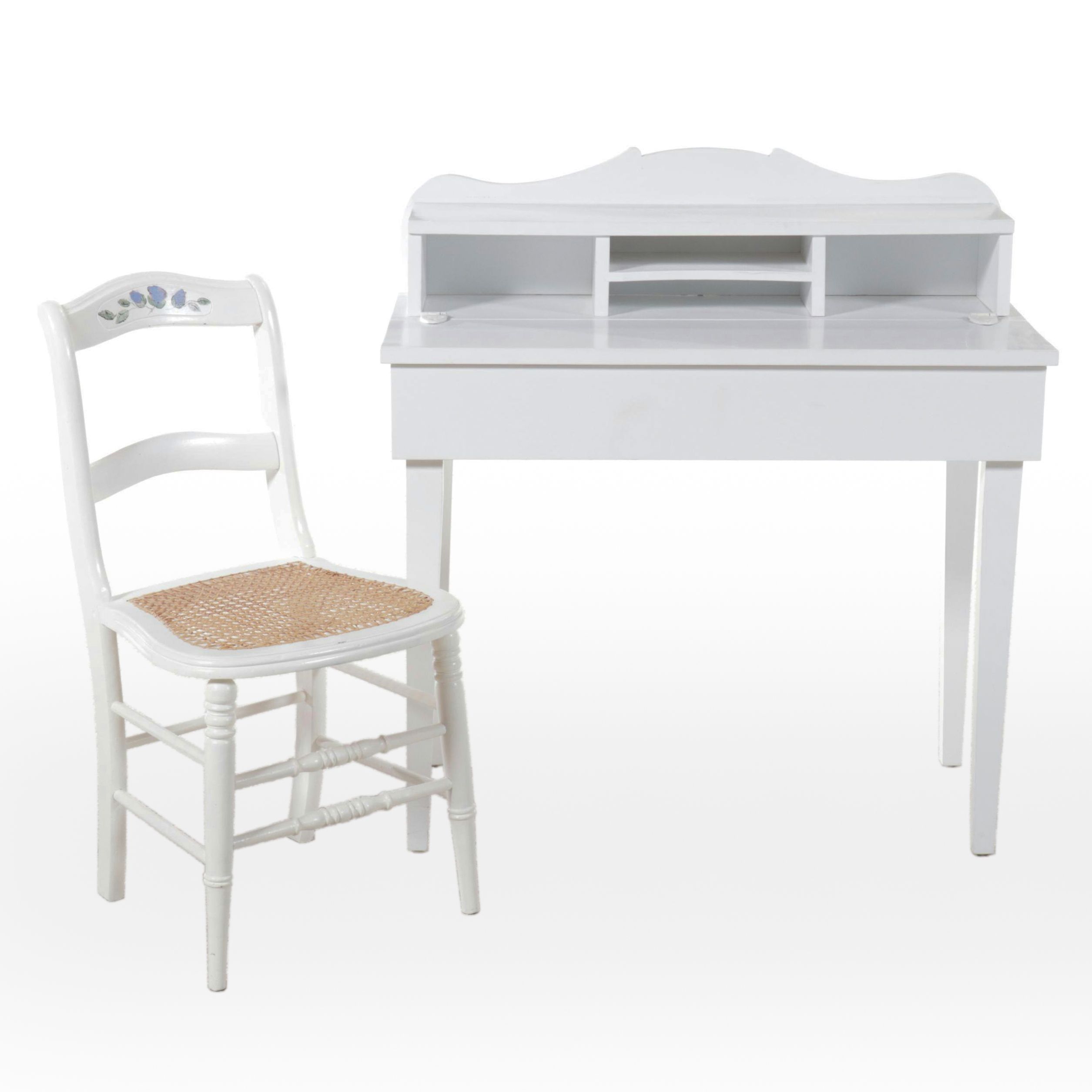 White Painted Wood Desk and Caned Side Chair