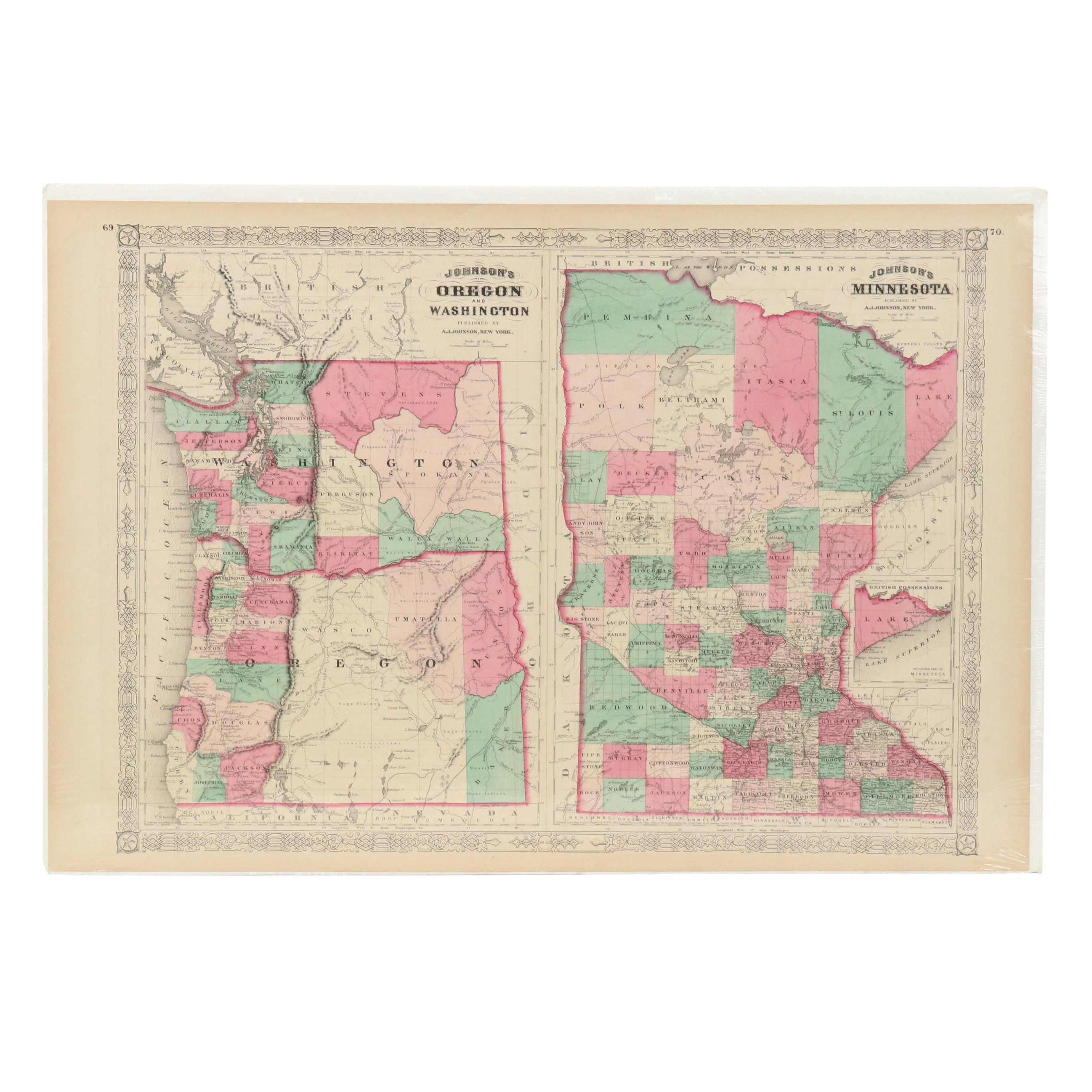 Hand-Colored Engraved County Map "Johnson's Oregon and Washington," Circa 1864