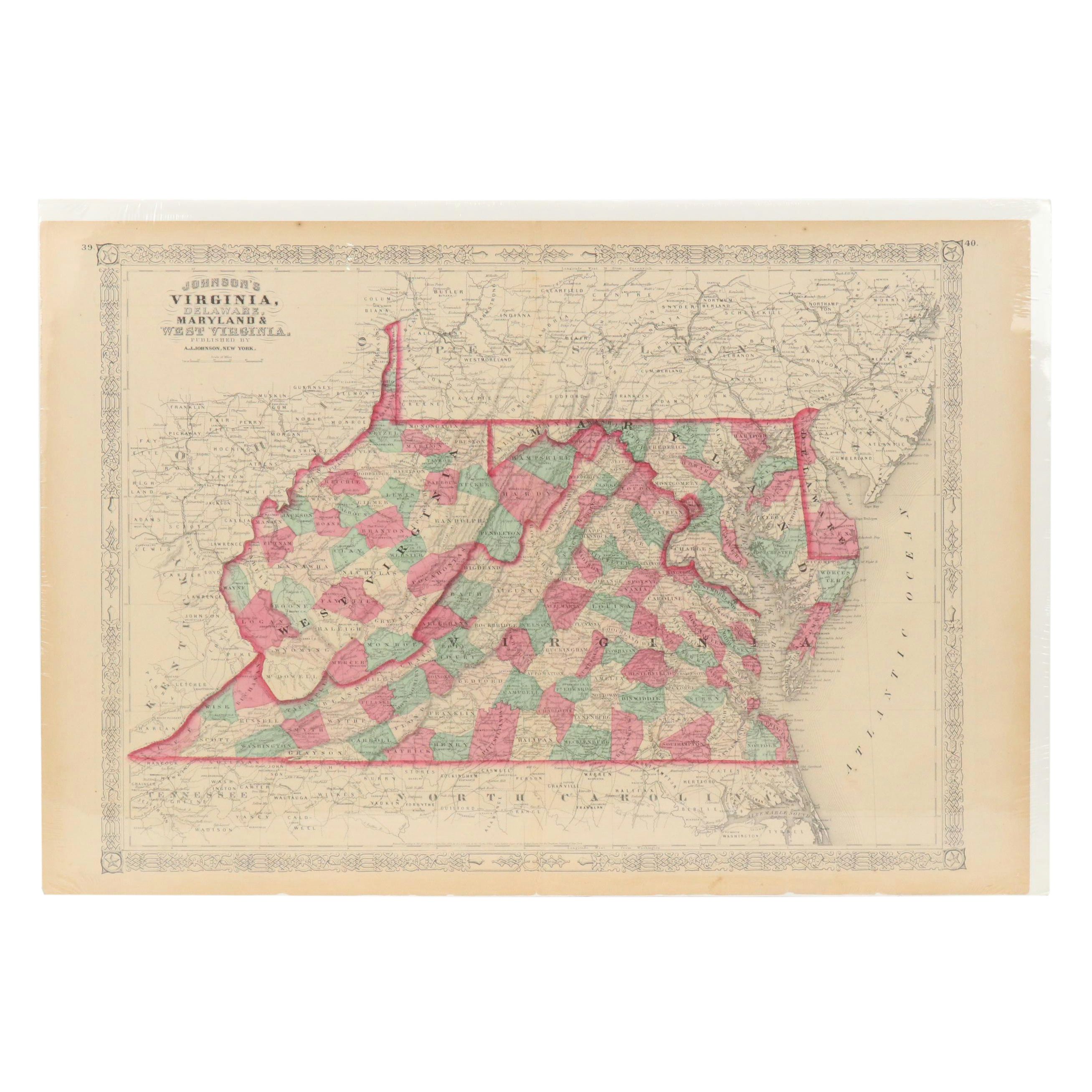 Hand-Colored Engraving "Johnson's Virginia, Delaware, Maryland & West Virginia"