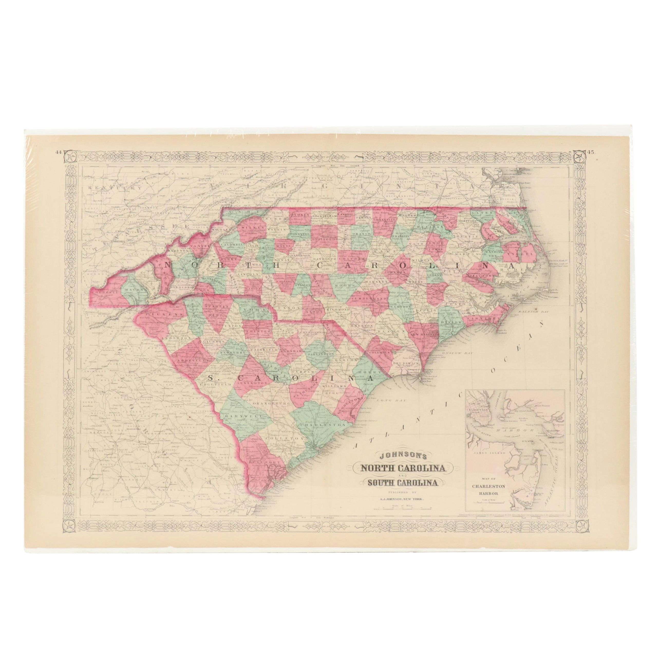 Hand-Colored Engraved County Map "Johnson's North Carolina and South Carolina"